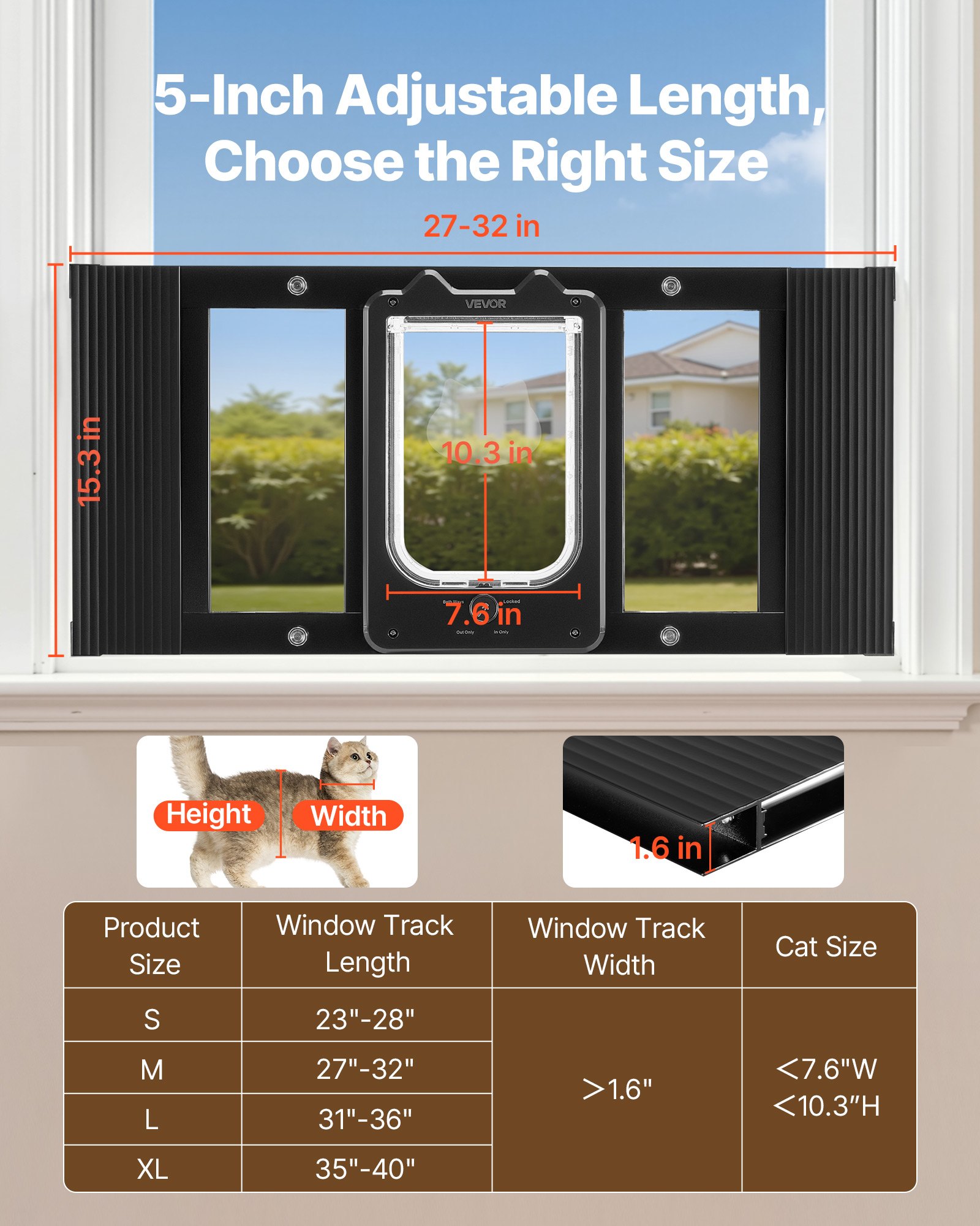 Puerta para Gatos en la Ventana, Ajustable 27"-32", 4 Modos de Cierre Seguro, Estructura de Aluminio y Vidrio de Alta Transparencia, Cierre Magnético, Puerta Rápida y Resistente al Tiempo para Mascotas, Negro — imagen 2