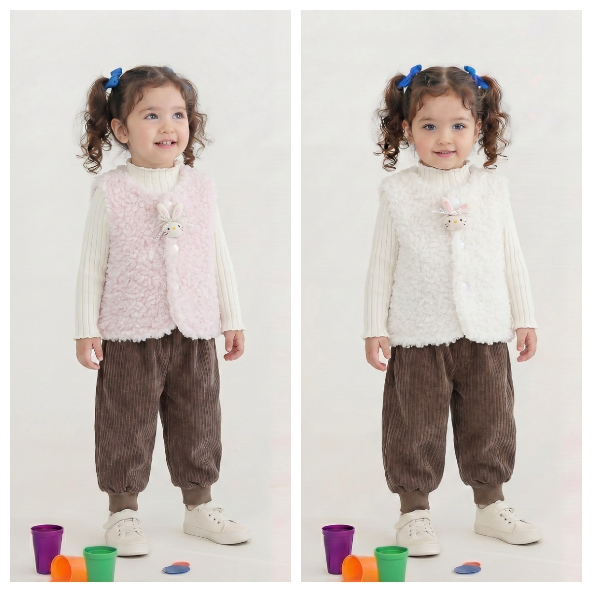 Stylish Girls Fleece-Lined Three-Piece Set with Rabbit Vest — image 1