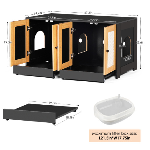 Caja de Limpieza para Gatos Doble con Puertas de Rattán, Encierro de Caja de Arena para 2 Gatos, Mueble de Arena Oculta con Panel de Escarificado para Gatos, 47" L x 19.8" A x 21.8" H, Negro — imagen 8