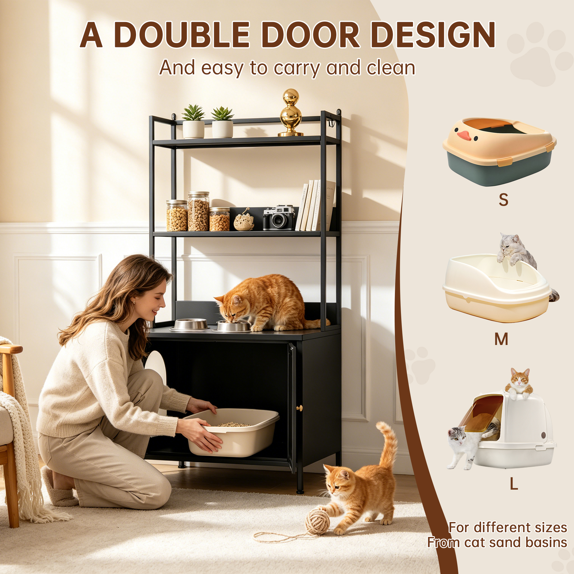 Caja de Limpieza para Gatos en Metal, Encierro Oculto de 57" con 3 Niveles de Almacenamiento y 4 Broches S, Casa Grande para Gatos Internos con Puertas y Control de Olor, Negro — imagen 3