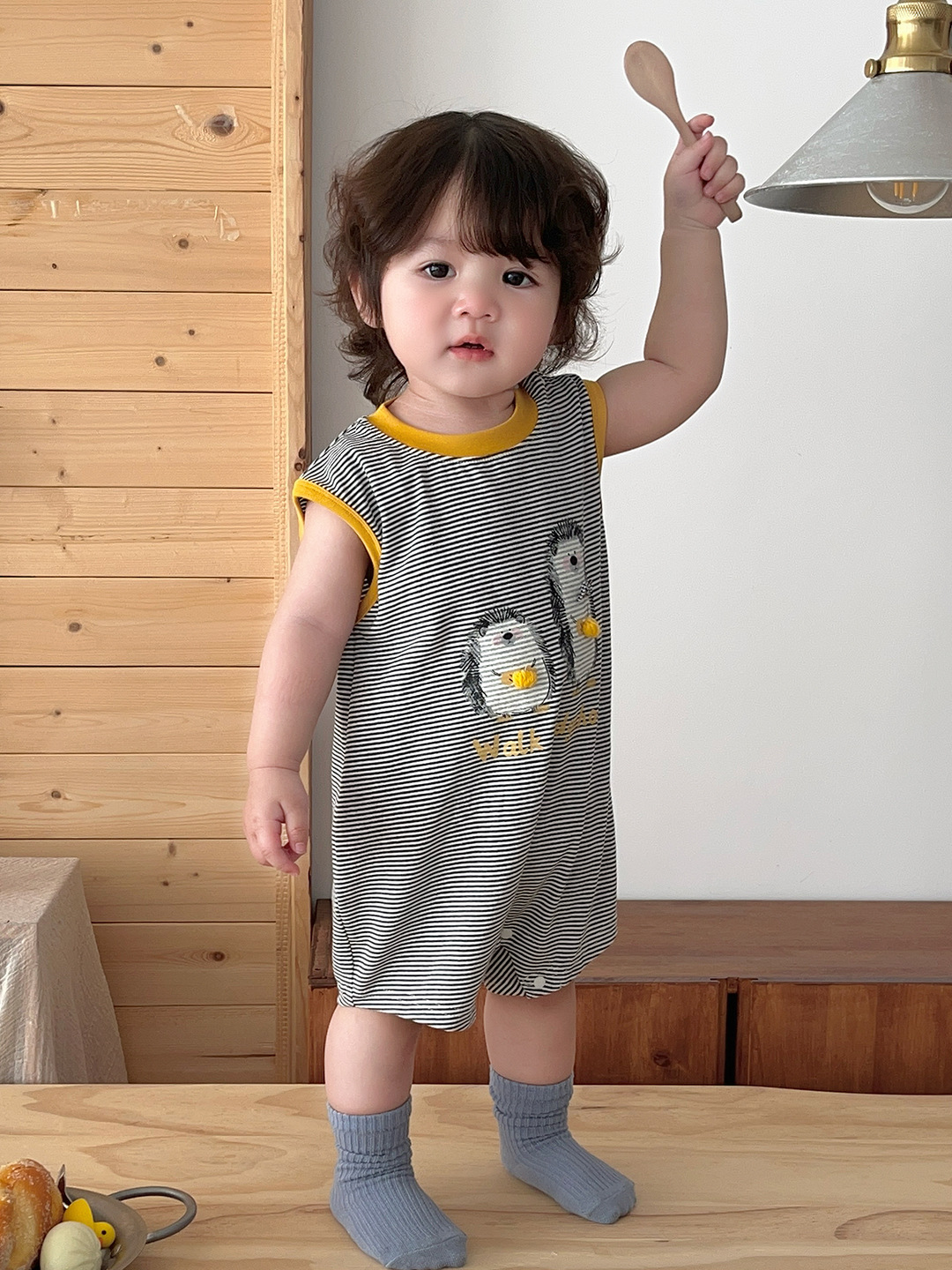 Color-block Collar Stripe Hedgehog Loose Short Sleeve Romper Breathable Outdoor Crawling Suit — image 7