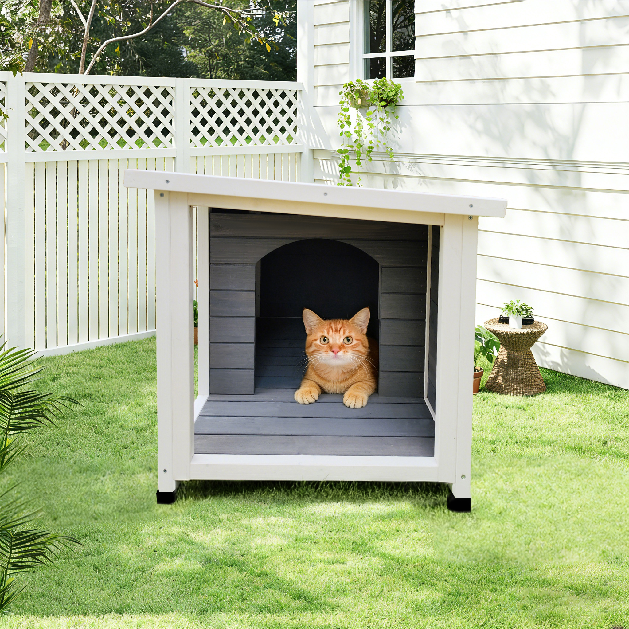 Casa de Gato Exterior Gris con Techo Impermeable, Ventanas Ventiladas y Soporte Metálico Resistente - Un Albergue Espacioso y Elegante para Mascotas — imagen 4
