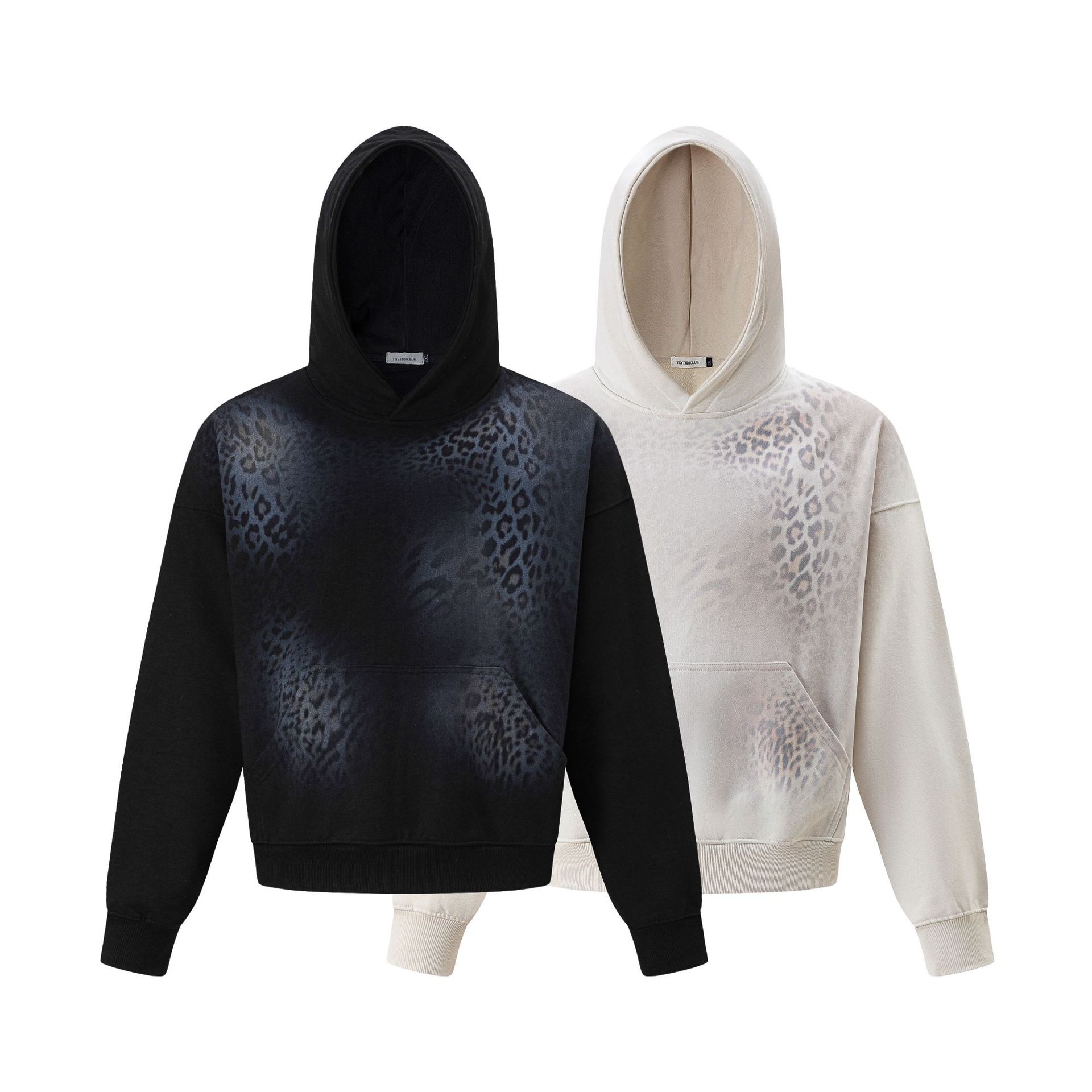 Leopard Print Hooded Pullover Sweatshirt, Gradient Washed Cropped Loose Drop Shoulder Top for Unisex — image 5
