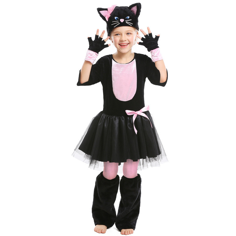Halloween Animal Costume Cosplay Black and Pink Cat Bow Kids Performance Outfit — image 1