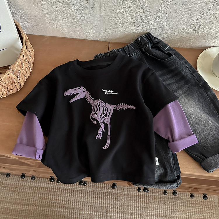Fake two dinosaur pullovers baby round neck hoodie — image 7