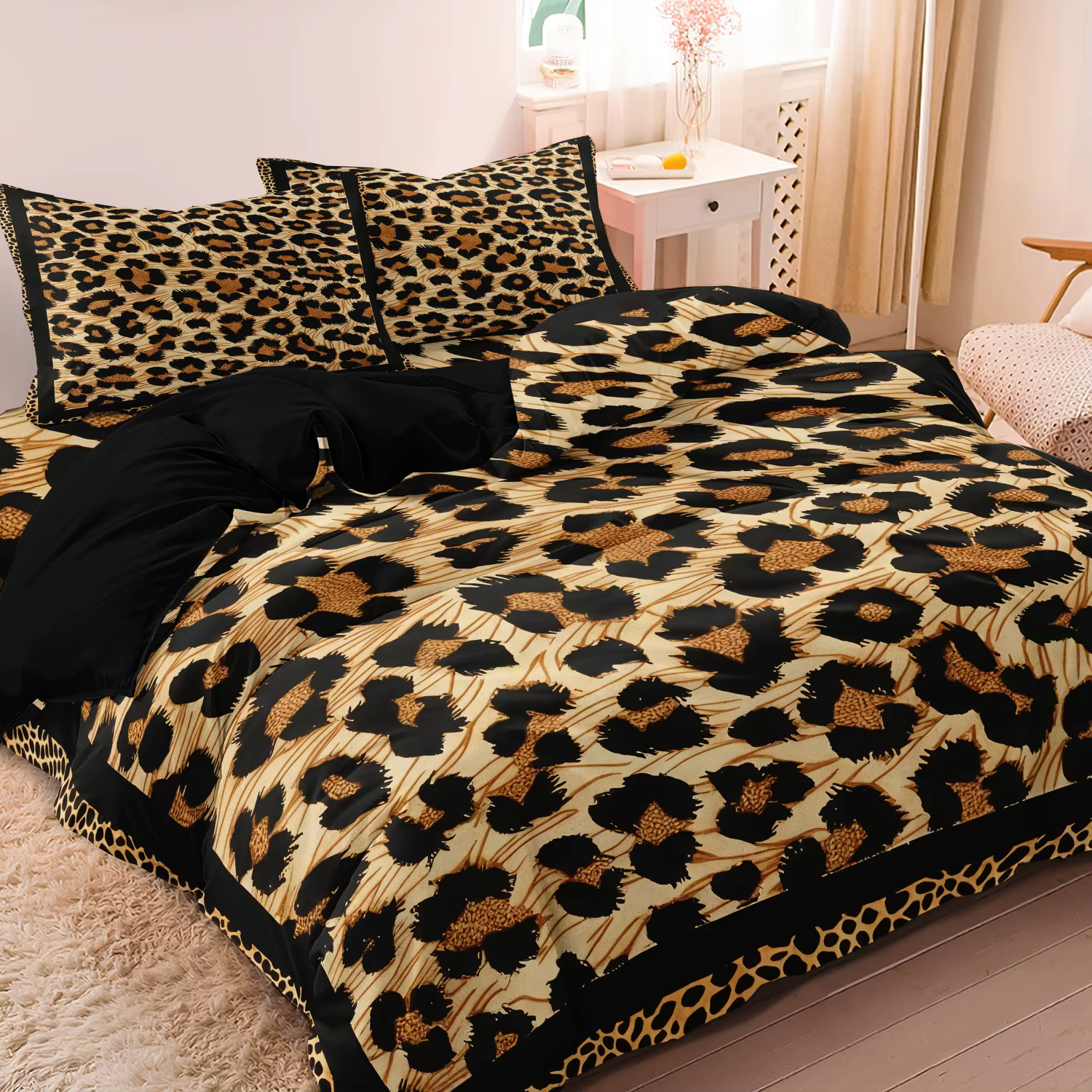 Funda nórdica premium de 3 piezas con estampado de leopardo en forma de corazón, estampado animal, fabricada con tela suave y transpirable, decoración para el hogar y el dormitorio universitario — imagen 6