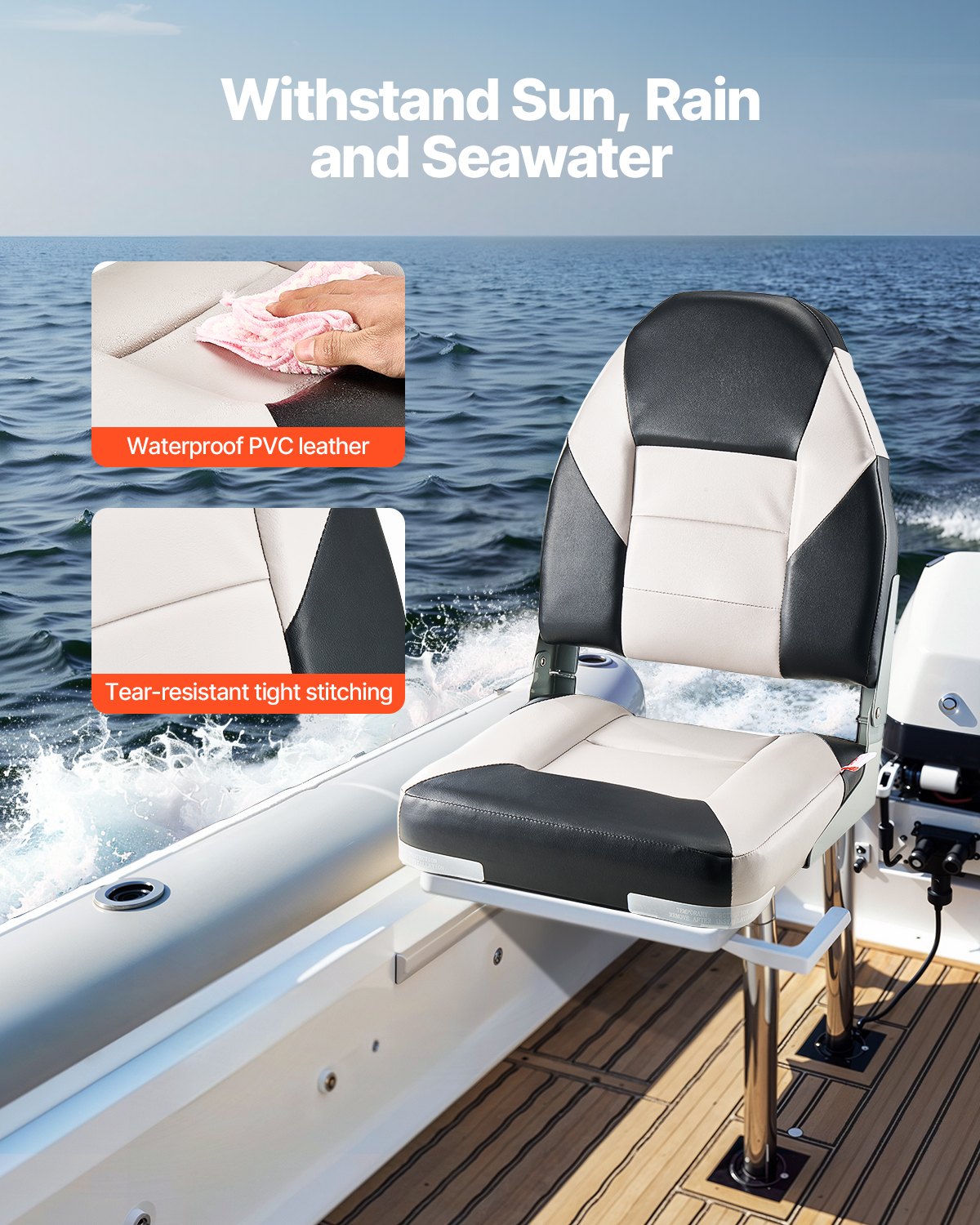 Boat Seat, High Backrest, Folding Fishing Boat Seat With Thickened Sponge Cushion & Waterproof PVC Leather, Aluminum Alloy Hinges, Flip Up Boat Seat For Boats, Yachts, Ships, Black & Grey — imagen 3