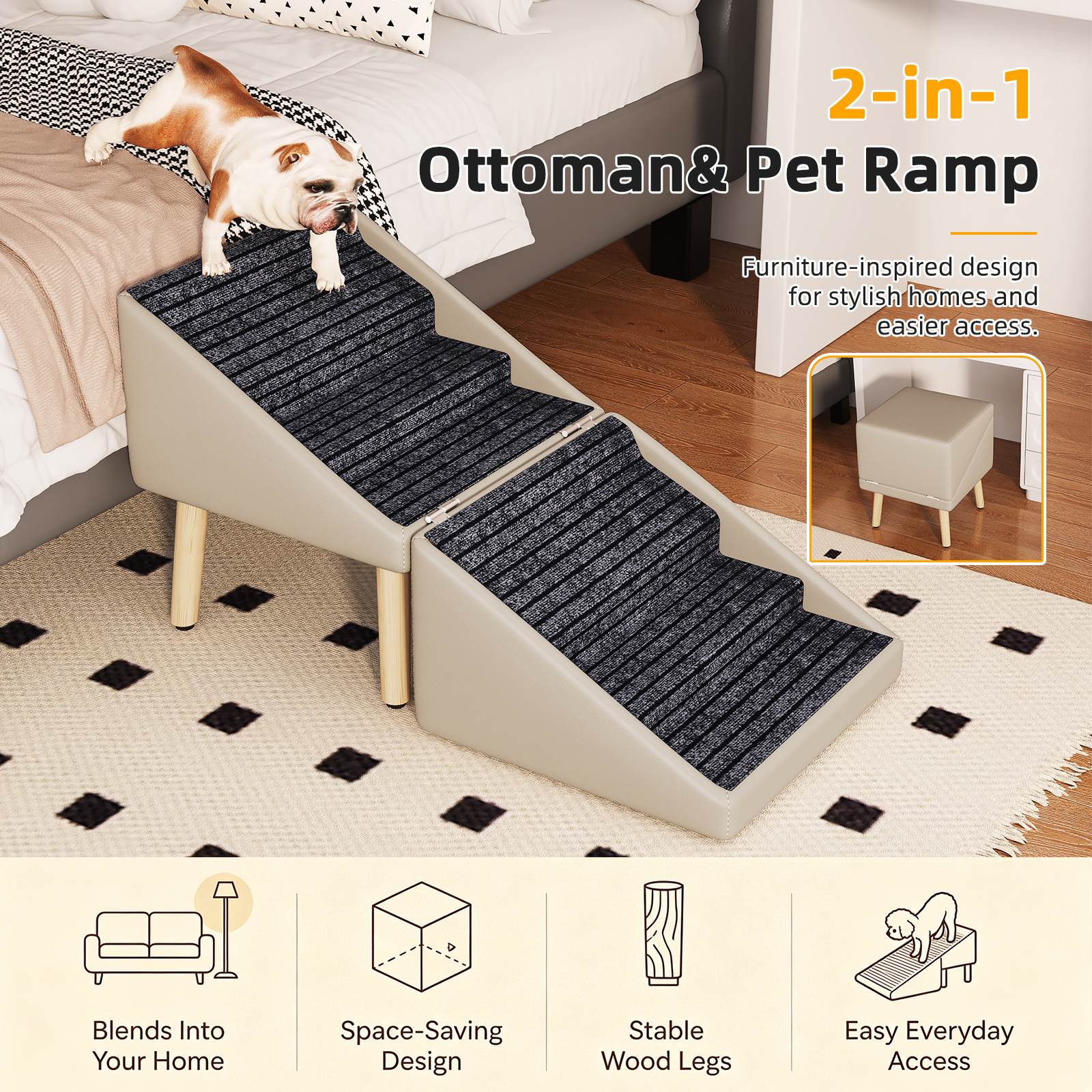 Paso para Perros para Cama y Sofá - Escaleras de Madera 2 en 1 para Perros Grandes, Medianos y Pequeños, Diseño Split con Superficie Antideslizante Gris Claro — imagen 19