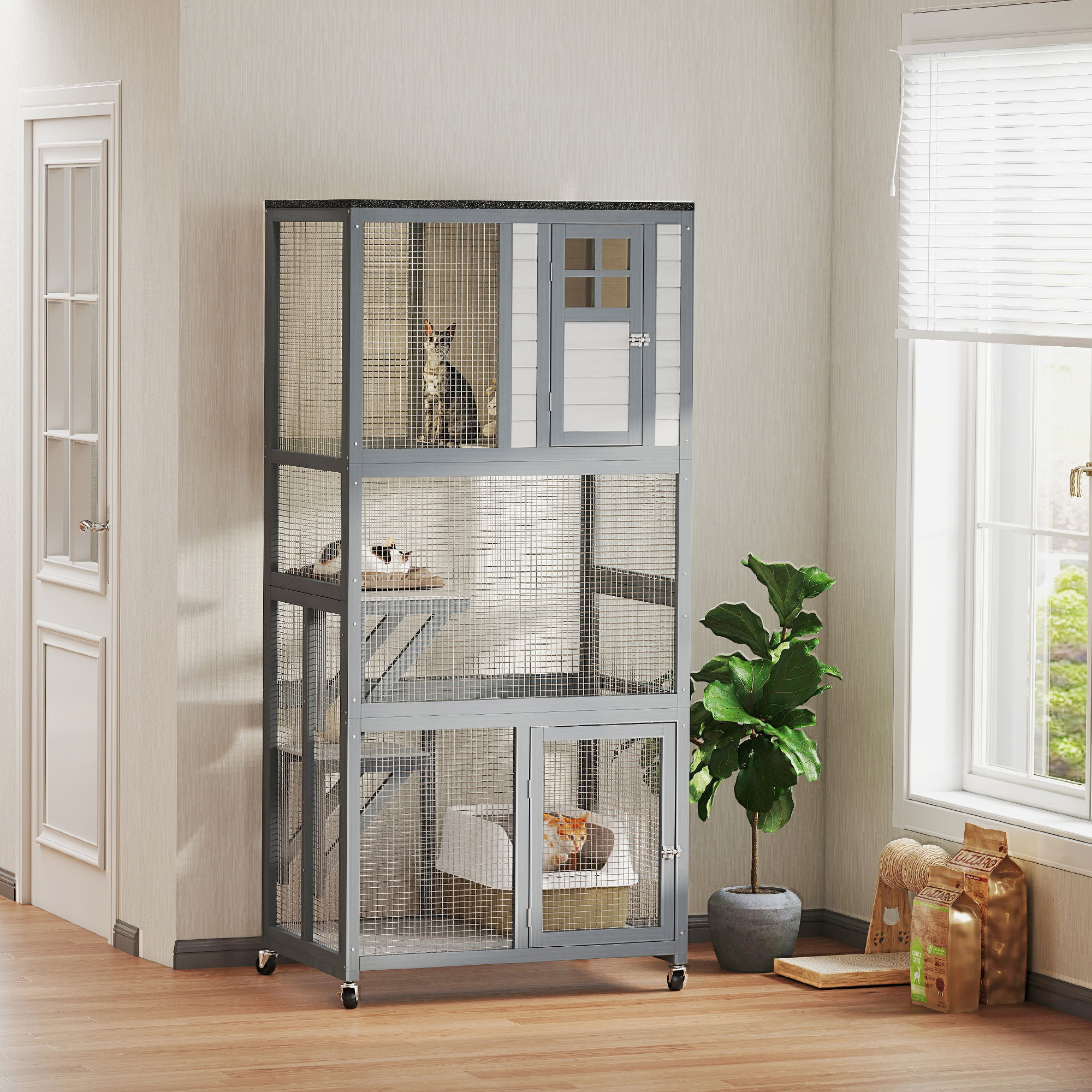 74" Wooden Outdoor Cat House Catio With High Weight Capacity, Cat Cage Condo, Dark Gray — imagen 1