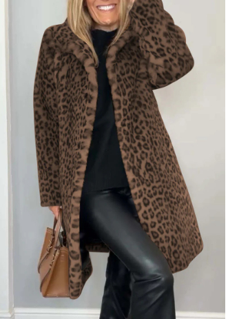 Abr Verano Capa de Piel Plush con Estampado de Leopardo de Longitud Media — imagen 11