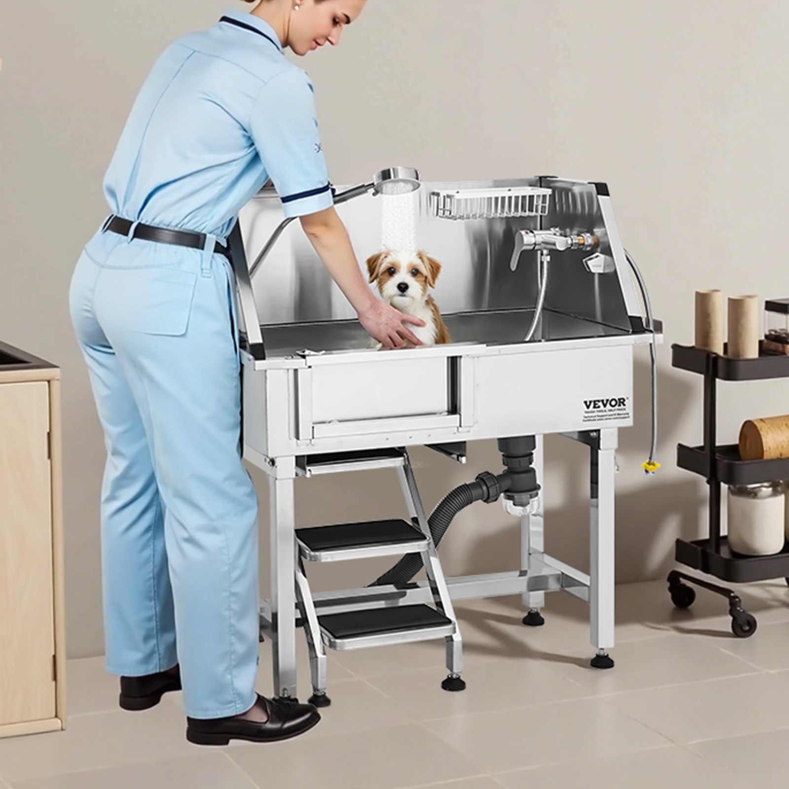 34 Dog Grooming Bath Tub Stainless Steel W Stairs Faucet Left Door — image 1