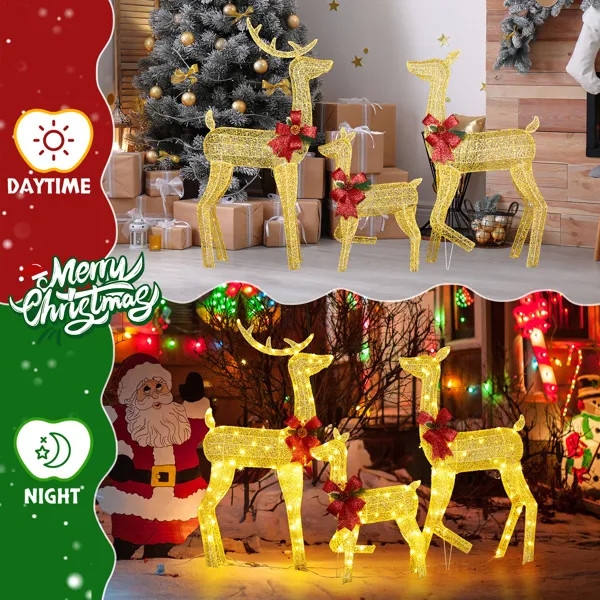 Set de 3 Piezas de Renos Navideños Iluminados para Decoración Exterior, Familia de Ciervos 2D Resistente a la Intemperie, Decoración Navideña con 200 Luces LED Blancas Cálidas Preinstaladas y Estacas, Dorado — imagen 9