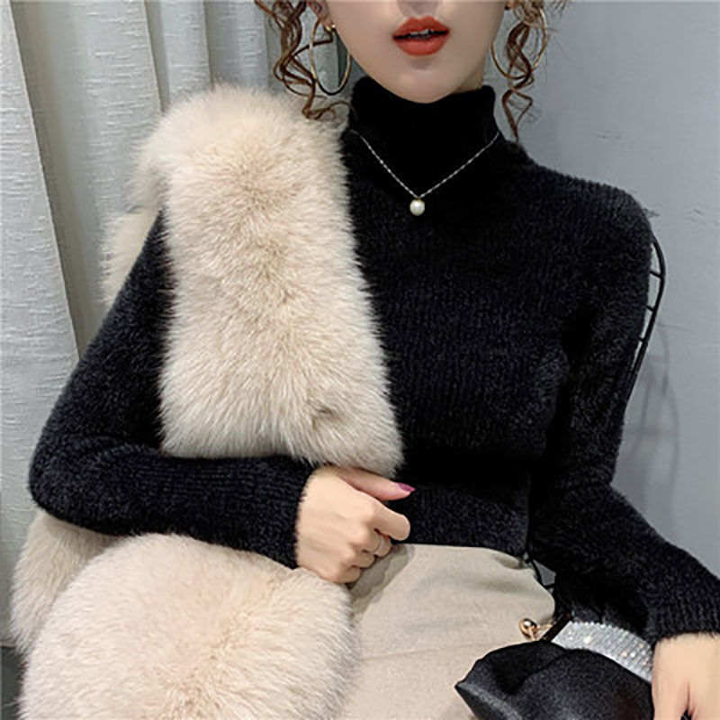 Women's Long Sleeve High Neck Slim Fit Thickened Faux Mink Knit Sweater — image 7