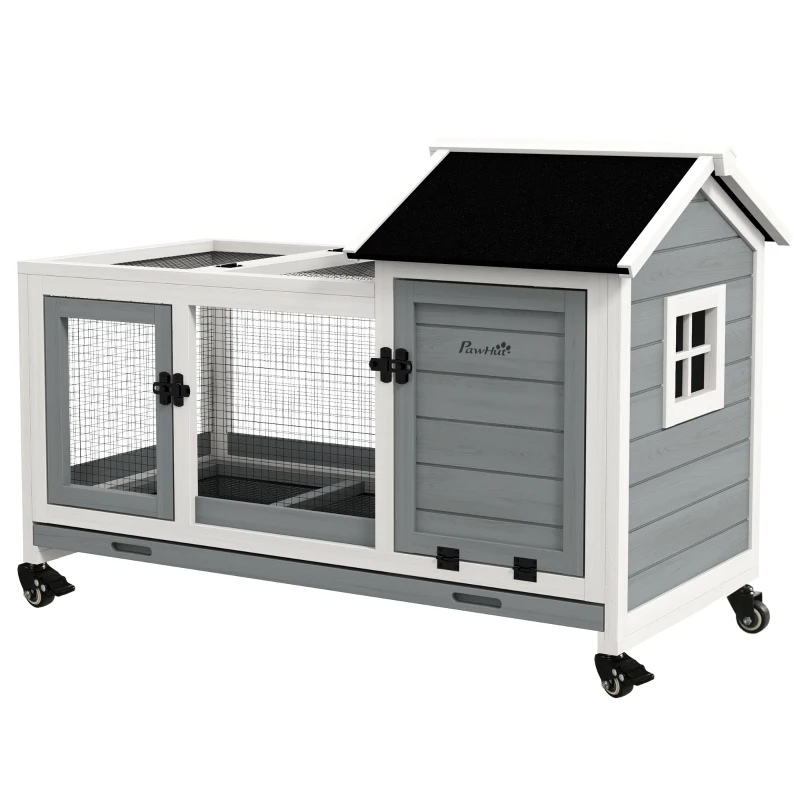 Wooden Rabbit Hutch With Wheels, Run, Slide-out Tray For Small Animals, Guinea Pig, Blue — imagen 12
