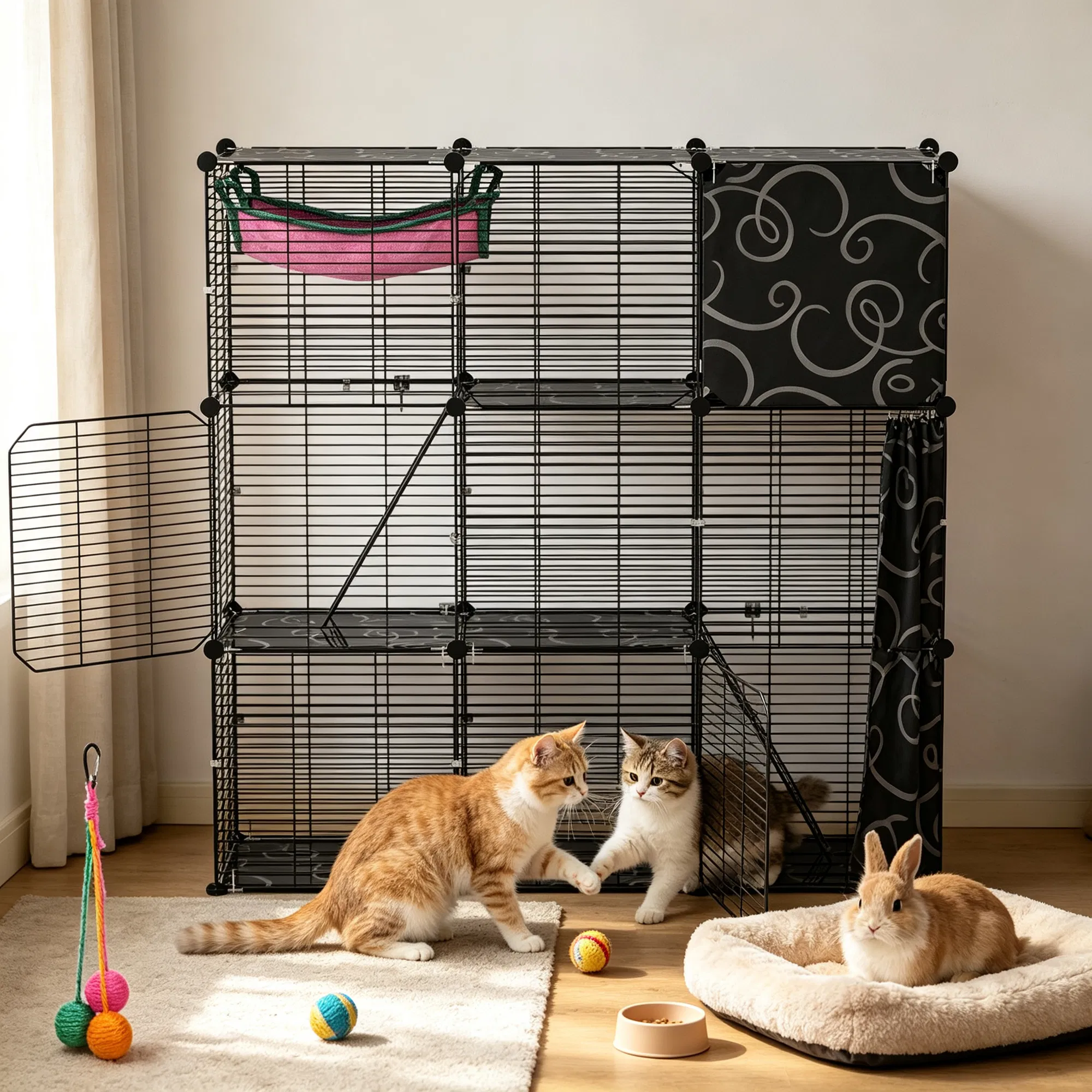 3-Level Metal Cat Cage Enclosure, Modular Pet Habitat with 3 Doors, 2 Ladders, Plush Hammock and Toy Ball for Small Indoor Animals — image 12