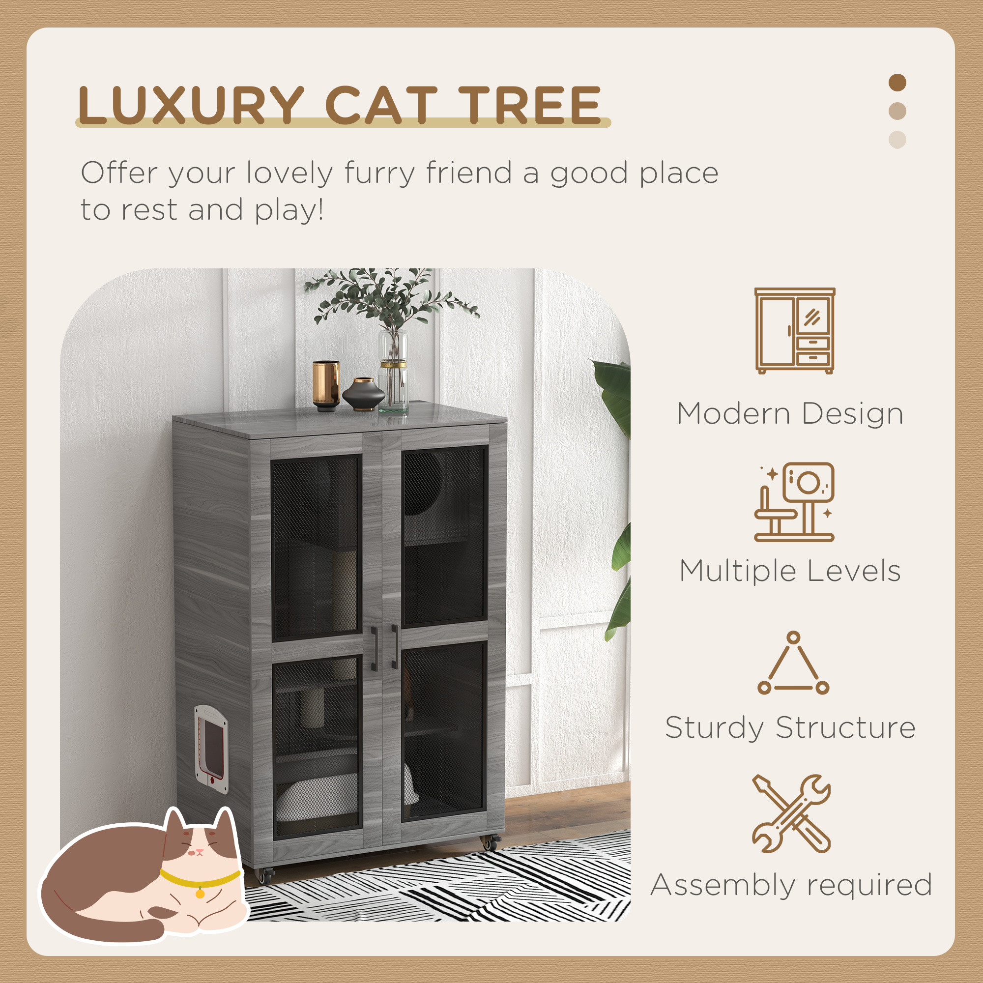 Cat Tree House with Scratching Post and Wheels, Gray — image 2