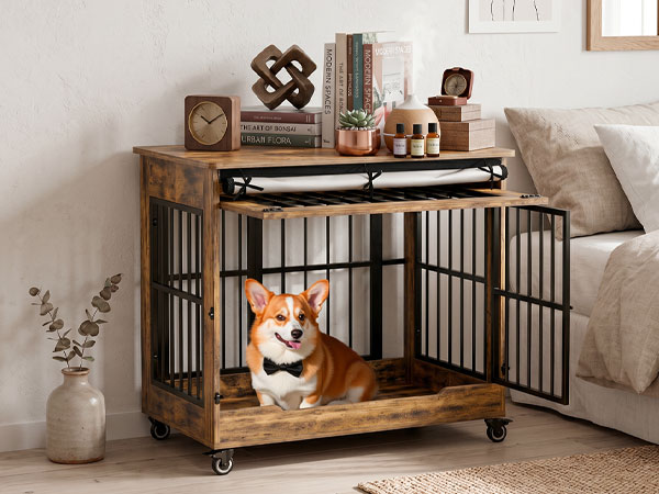 Dog Crate Furniture, Double Door Wooden Indoor Dog Kennel Furniture, Decorative Pet Cage End Table With Wheels For Medium And Small Breed Dogs, Size M, Greige — image 14