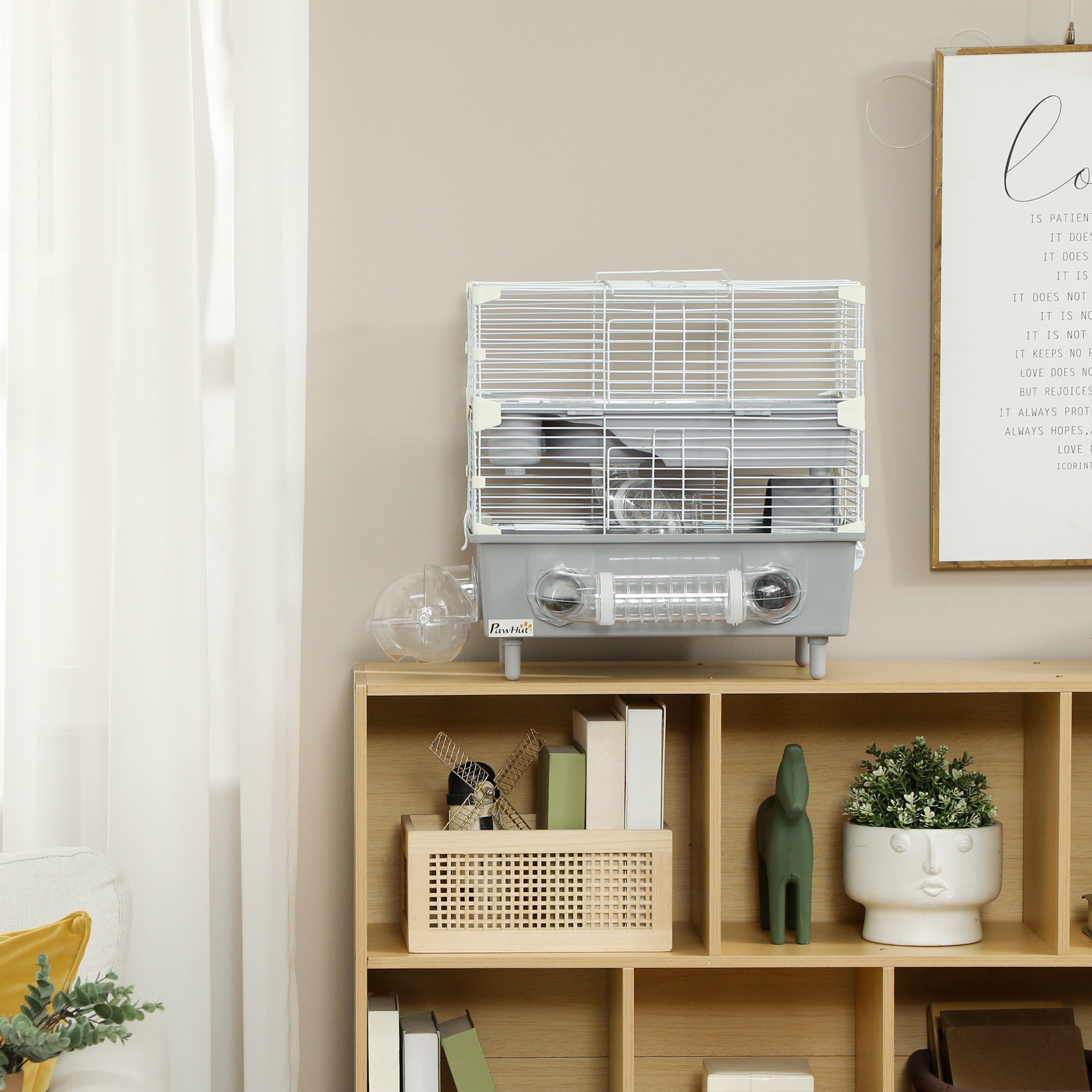 Jaula para Hámster de 2 Niveles con Baño de Arena, Rueda de Ejercicio, Bebedero, Tubos y Accesorios, para Hámster Enano, Gris — imagen 7