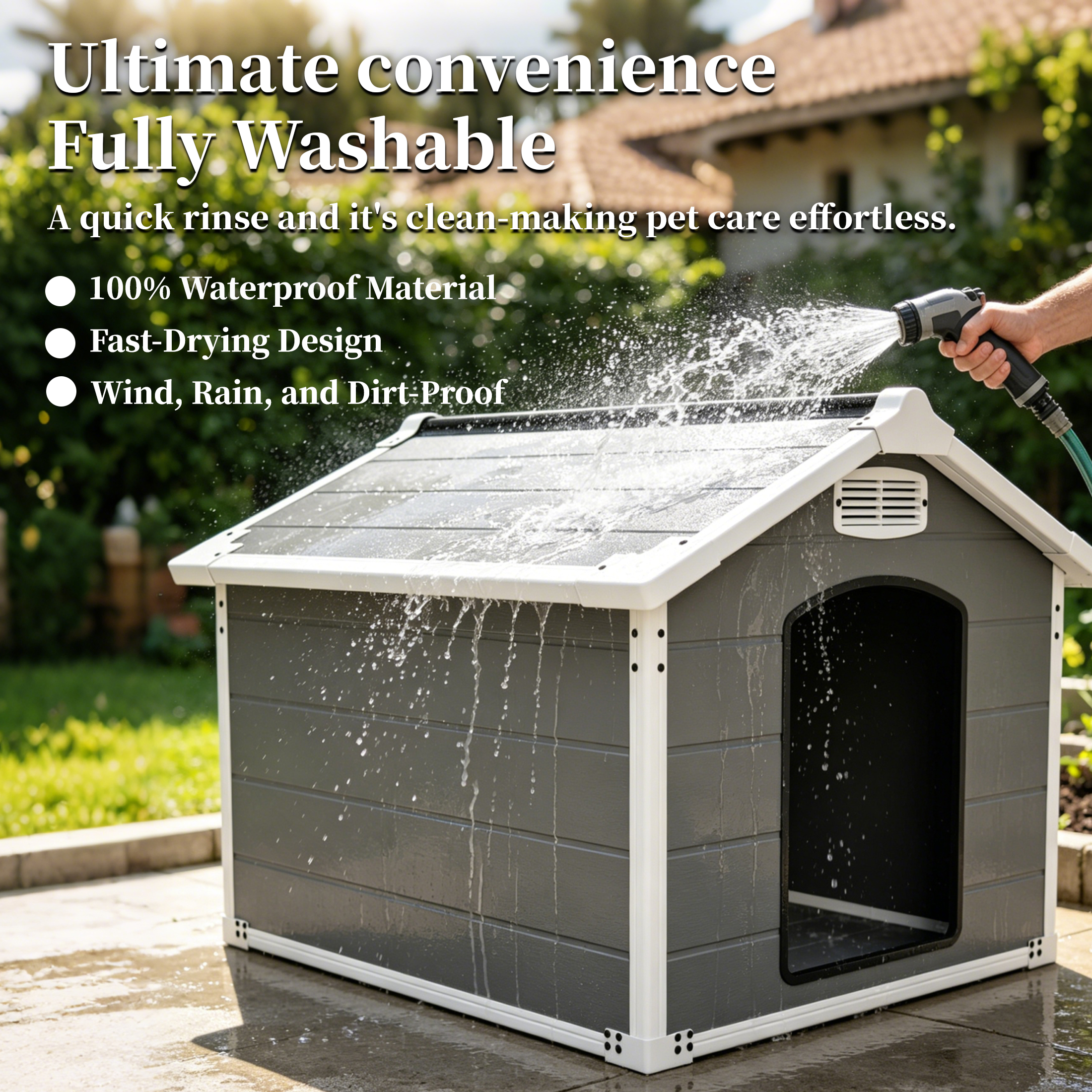 Caseta Grande para Perro de 50.5" para Razas Grandes, Casa para Mascotas de Uso Interior y Exterior de Alta Resistencia, Impermeable, Protección UV, Panel de PP de Doble Pared Resistente a Rasguños, Ventilación Frontal y Trasera – Fácil de Limpiar y Lavable — imagen 6