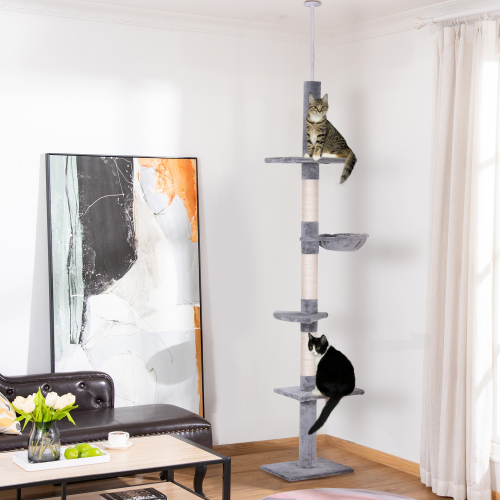 9 Foot Adjustable Height Floor To Ceiling Vertical Cat Tree - Grey And White — image 2