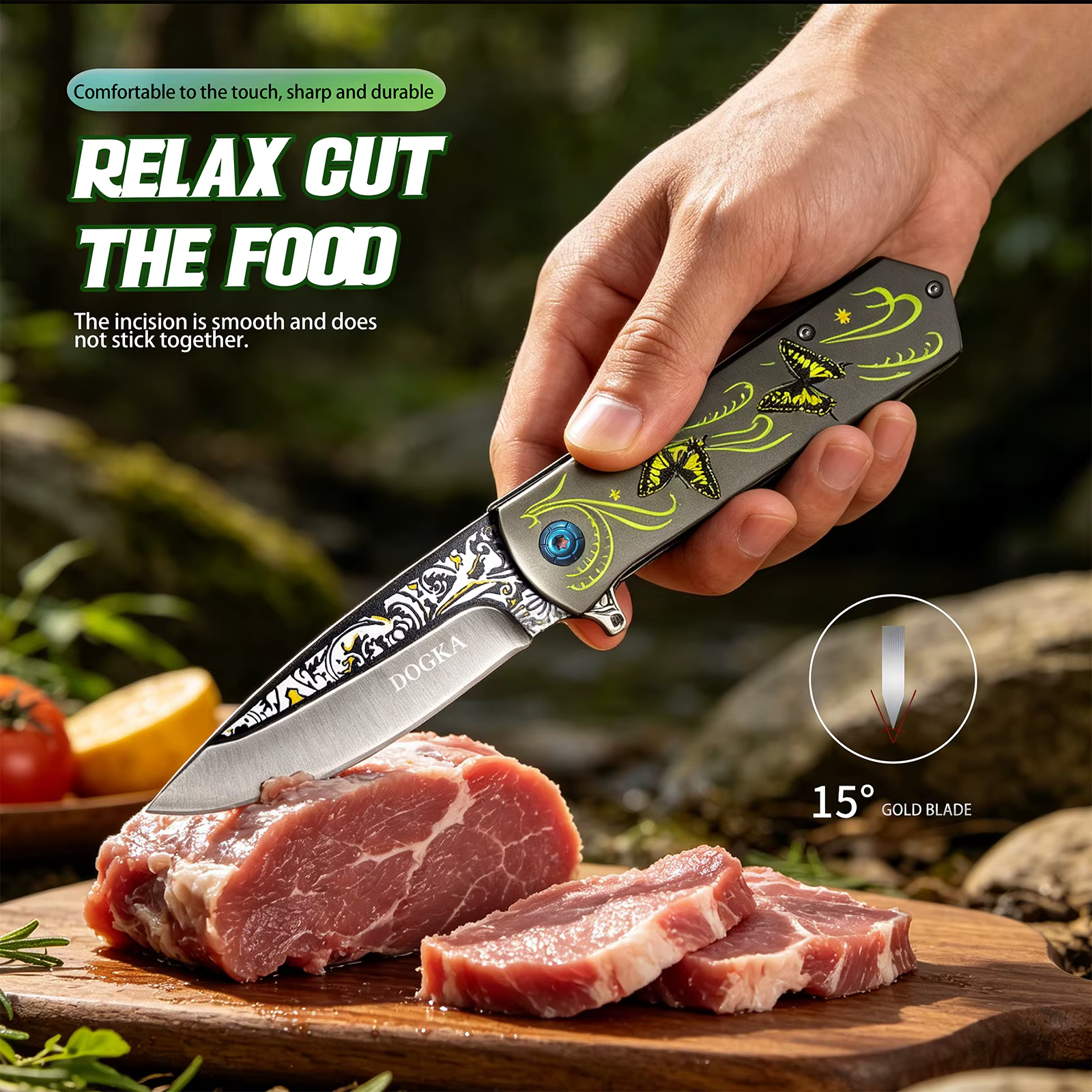This DOGKA Folding Pocket Knife Features a Unique Butterfly Pattern Handle, Decorative Blade Detail, and Compact Folding Design. It Combines a Stylish Look with Practical Outdoor Utility, Making It Suitable for Camping, Hiking, Fishing, Travel — image 2