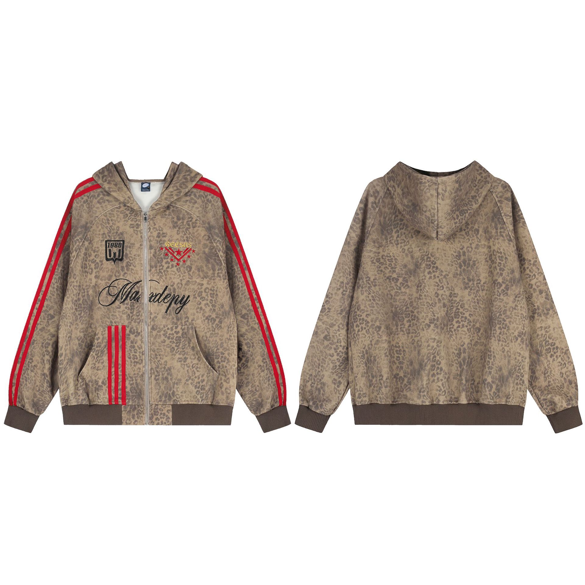 Maillard Leopard Print Hooded Zip-Up Sweatshirt, Loose Fit Top with Three Stripes Letter Embroidery — image 5