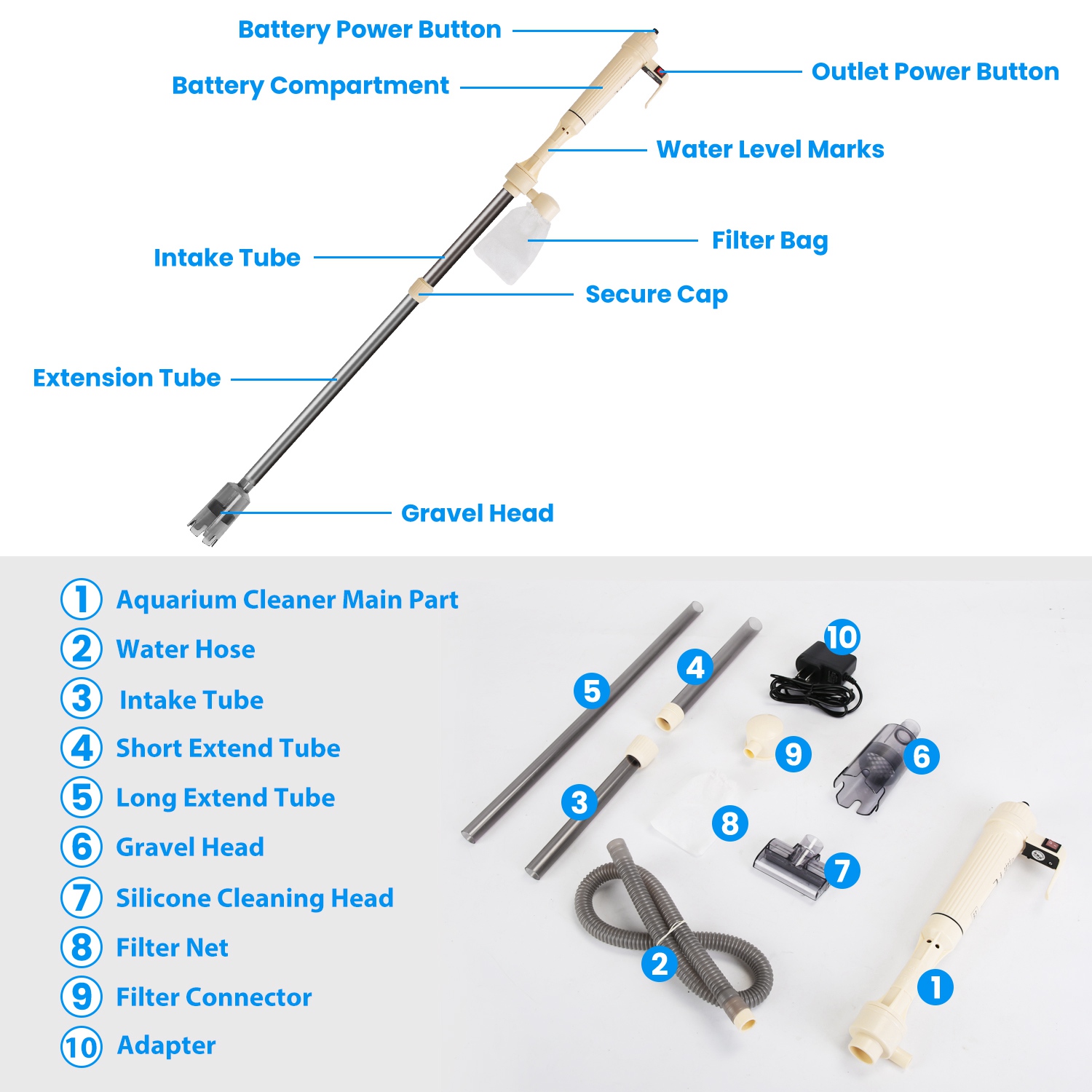 Kit Limpiador Eléctrico Multifuncional de Grava Para Acuario, Longitud Ajustable, Aspiradora Automática Para Pecera, Cambio de Agua, Lavado de Arena y Eliminación de Suciedad — imagen 5
