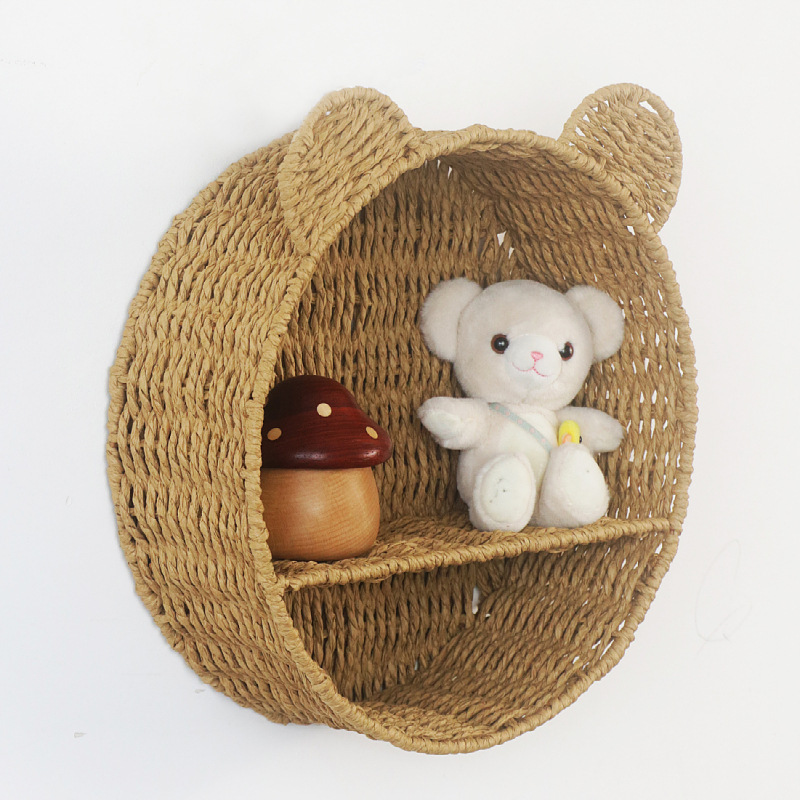 Cat Ear Eco-Friendly Paper Rope Woven Storage Rack Round Organizer Basket Wall-Mounted Cosmetic and Decorative Display Shelf — image 1