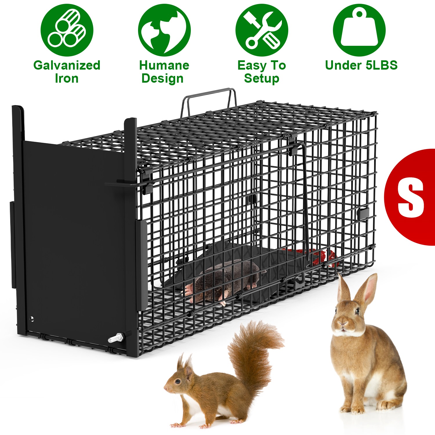 Live Animal Cage Trap For Animals Humane Galvanized Iron Trap Cage For Raccoons Armadillos Foxes Opossums Muskrats Beavers 26in 32in 40in Size Options — image 1