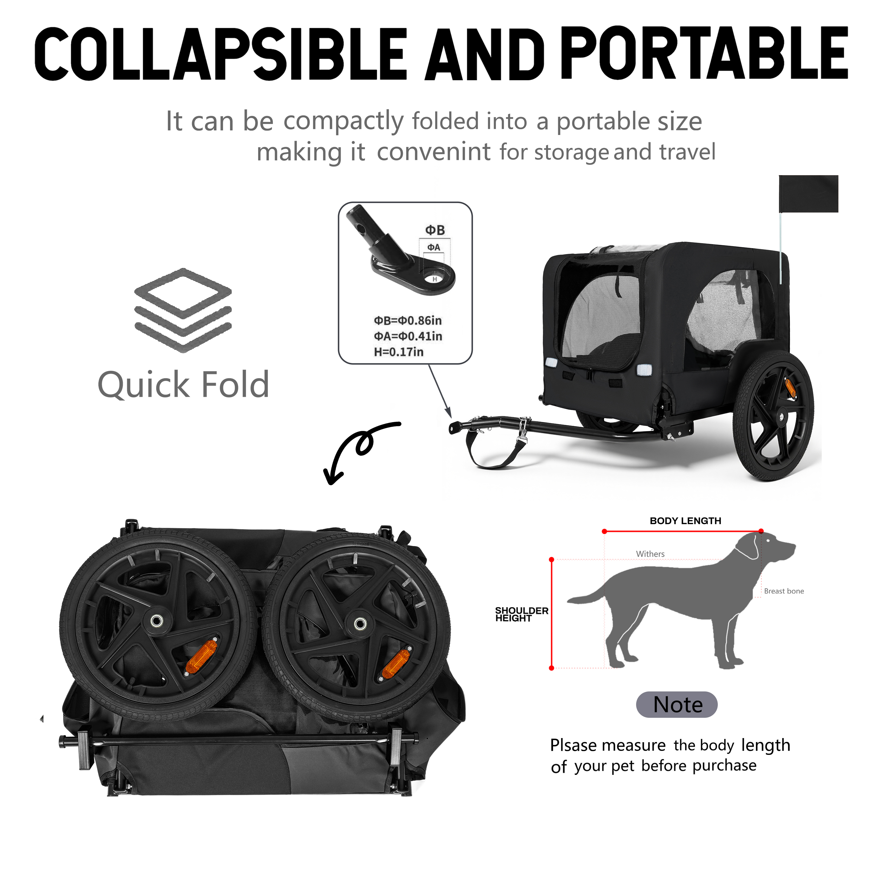 Outdoor Heavy Duty Collapsible Pet Bike Trailer With 16-Inch All-Terrain Wheels & Universal Hitch - Foldable Dog Cargo Carrier Cart For Bicycles, Black — image 3