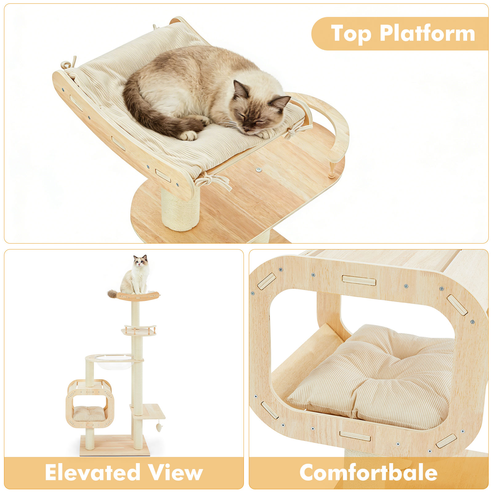 Modern Heavy-Duty No-Drill Cat Tree-Solid Wood Multi-Story Board, 4-Story Multi-Column Cat Tower, 57.9in For Multi-Cat Households, Open Condo, Space Capsule & Perch, Natural Wood Indoor Pet Furniture — image 8
