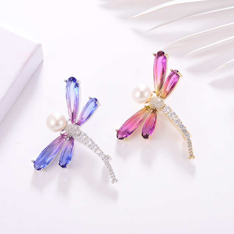 Temperament Exquisite Tourmaline Brooch Fashion Dragonfly Diamond Pearl Corsage Dress Brooch — image 2