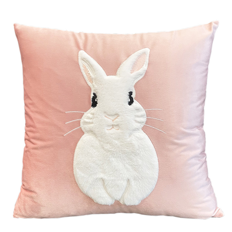Soft Rabbit Pillow Cover Sofa Cushion Velvet Embroidered Pillow Girl's Heart Pink Cartoon Pillow Cover Cute — image 1