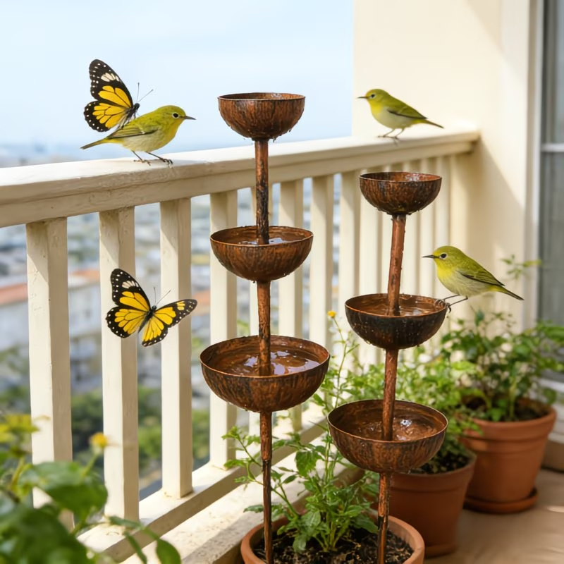 3-Tier Vintage Rustic Metal Bird Watering Station | 3-Tier Rusty Iron Garden Water Collector Feeder, Outdoor Garden Patio Decor — image 3