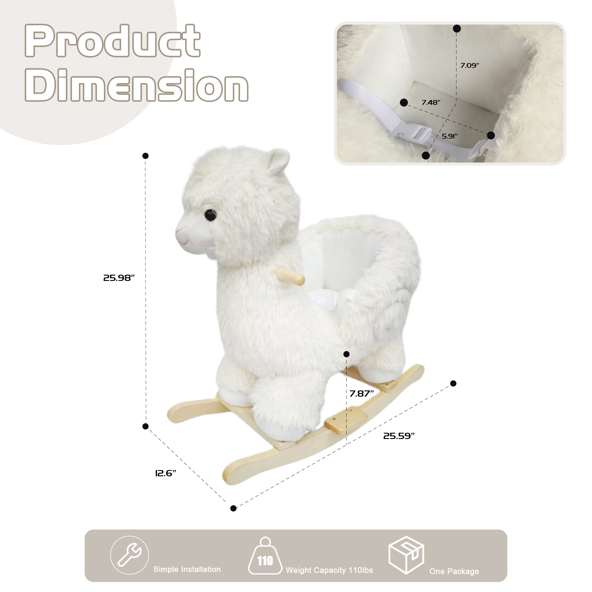 Kids Ride-On Rocking Horse Toy With Lullaby Song, Alpaca Rocking Toy With Hand Puppets And Safety Belt For Children 1-3 Years, Soft Plush Fabric, White, CPC Certified — image 4