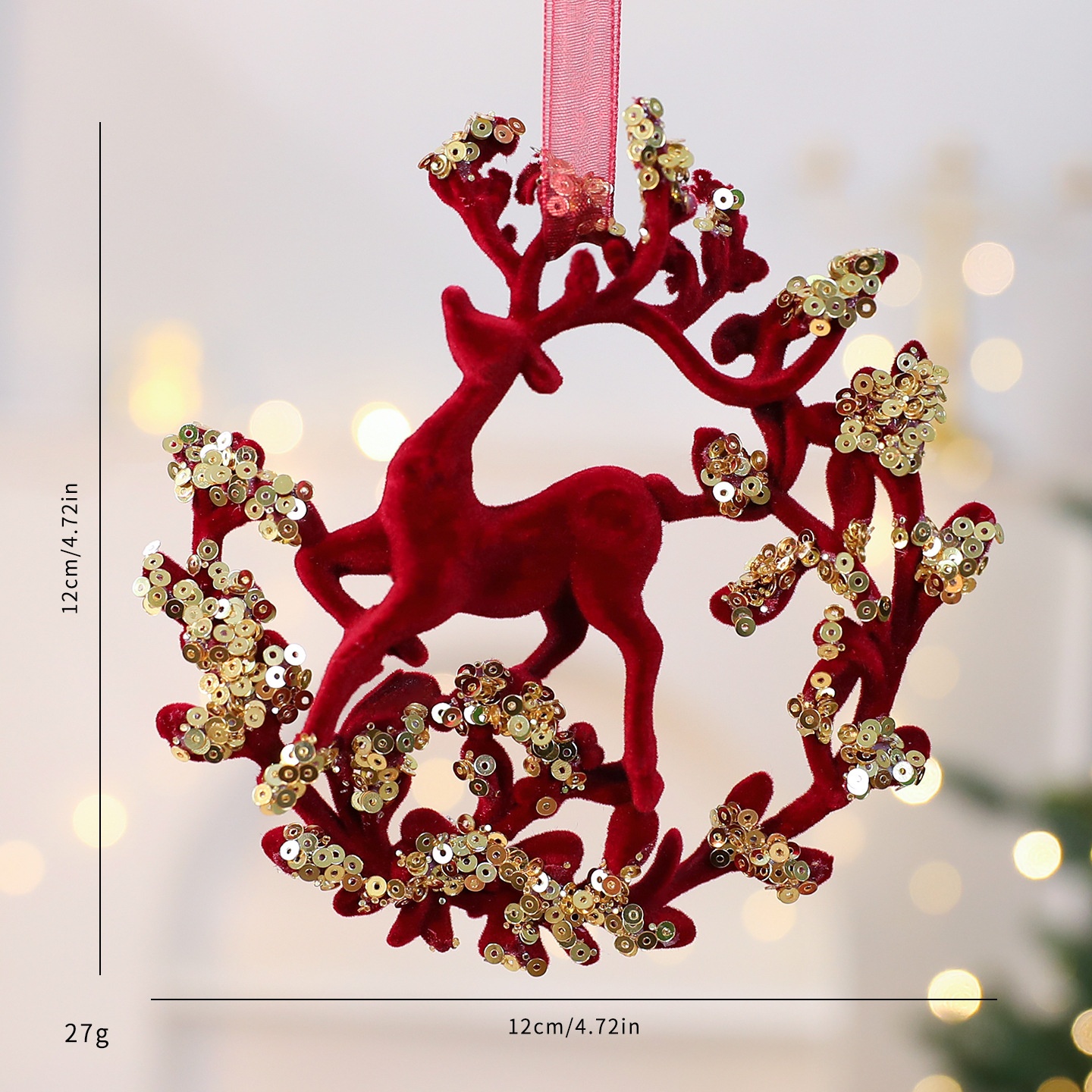 Christmas Decoration Velvet Red Wreath Bow Deer Ornament Tree Hanging Decor — imagen 9