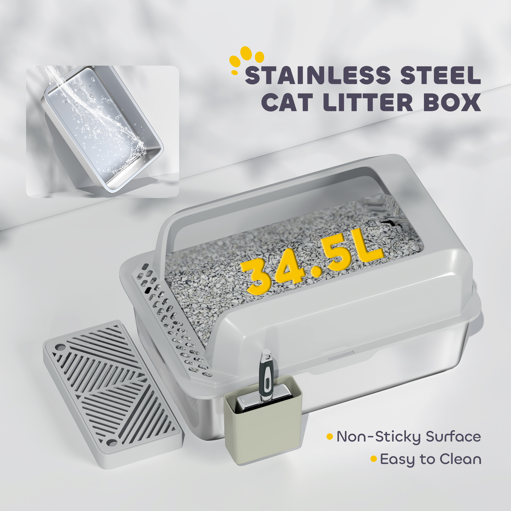 Caja de Arena Estilo Acero Inoxidable con Cuchara y Soporte, Altas Pareces, Prevención de Derrames Urinarios, Anti-Resbalón — imagen 4