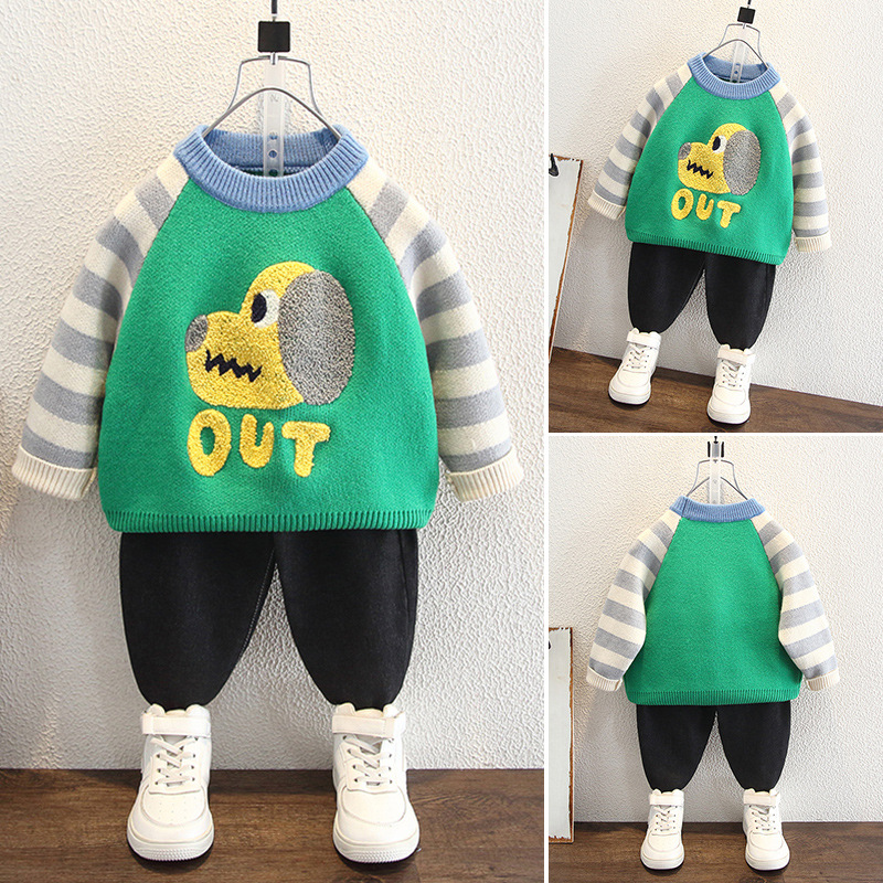 Boys' Long Sleeve Striped Dog Pattern Crew Neck Sweater — image 3