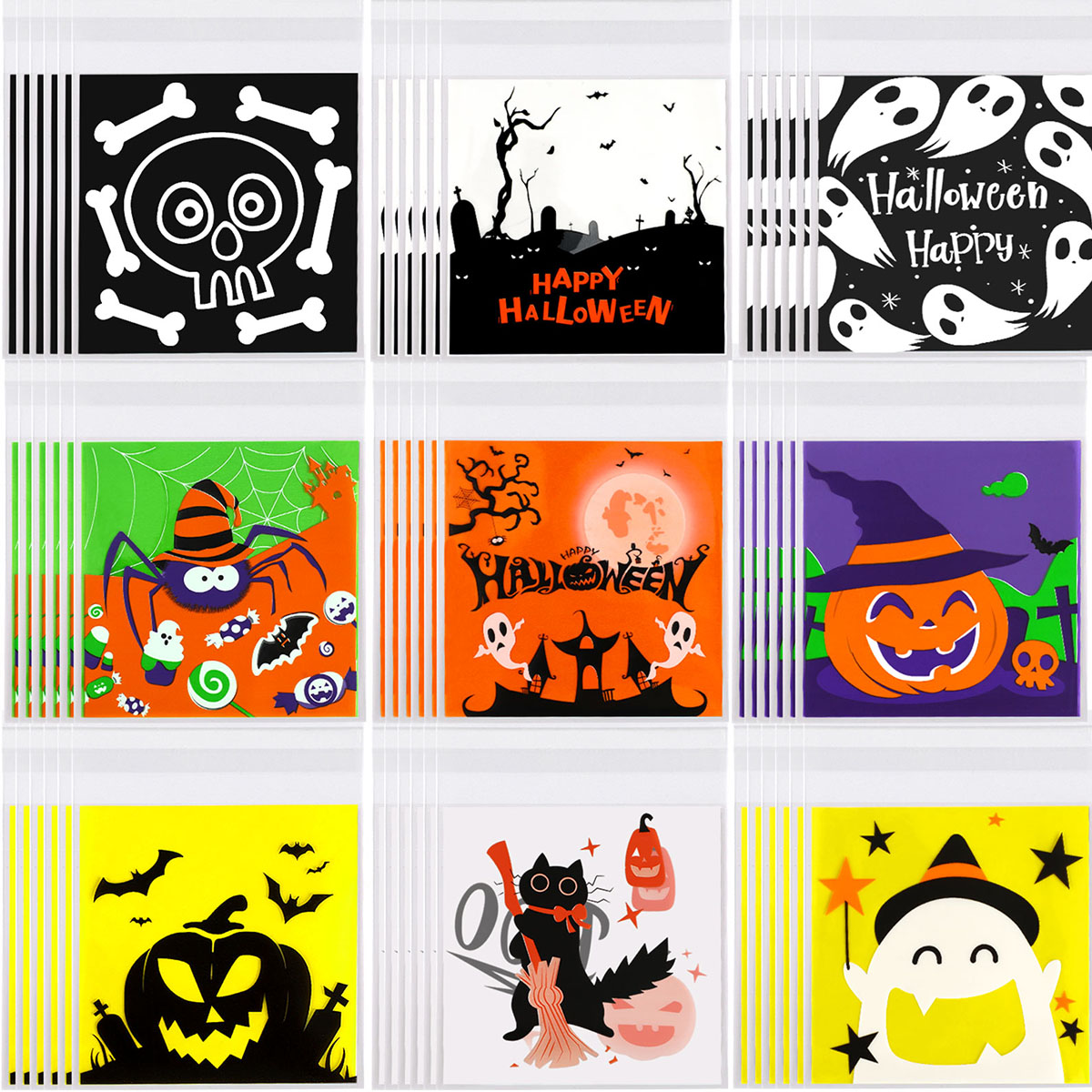 450 bolsas de celofán para dulces de Halloween, autoadhesivas y transparentes, para dulces y galletas, diseño de calabaza, fantasma, gato negro y calavera, bolsas de truco o trato para fiestas de cumpleaños y Halloween — imagen 1