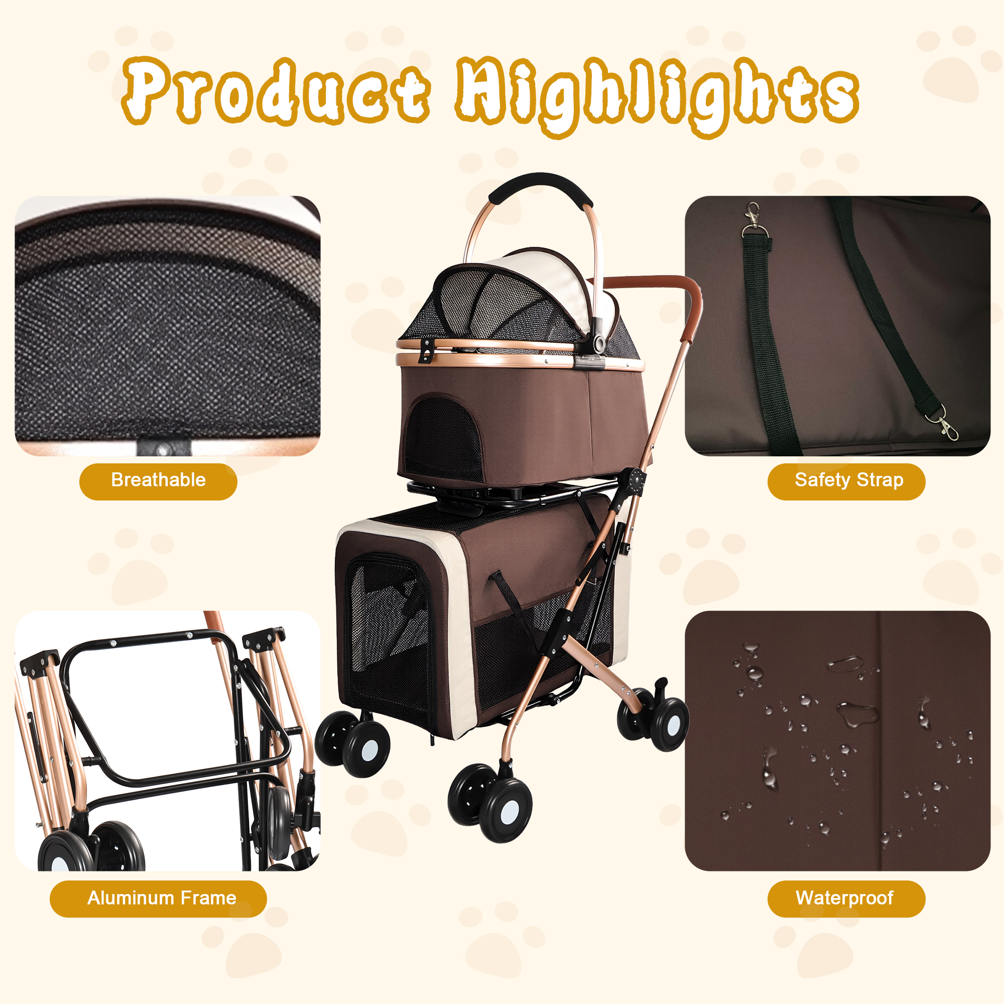 Cochecito Doble para Mascotas 3 en 1 para Perros y Gatos Pequeños y Medianos, Marco Plegable Convertible en Bolso Transportador, Ruedas Antichoque con Sistema de Freno, Doble Correa de Seguridad Fija para Hogares con Varias Mascotas — imagen 5