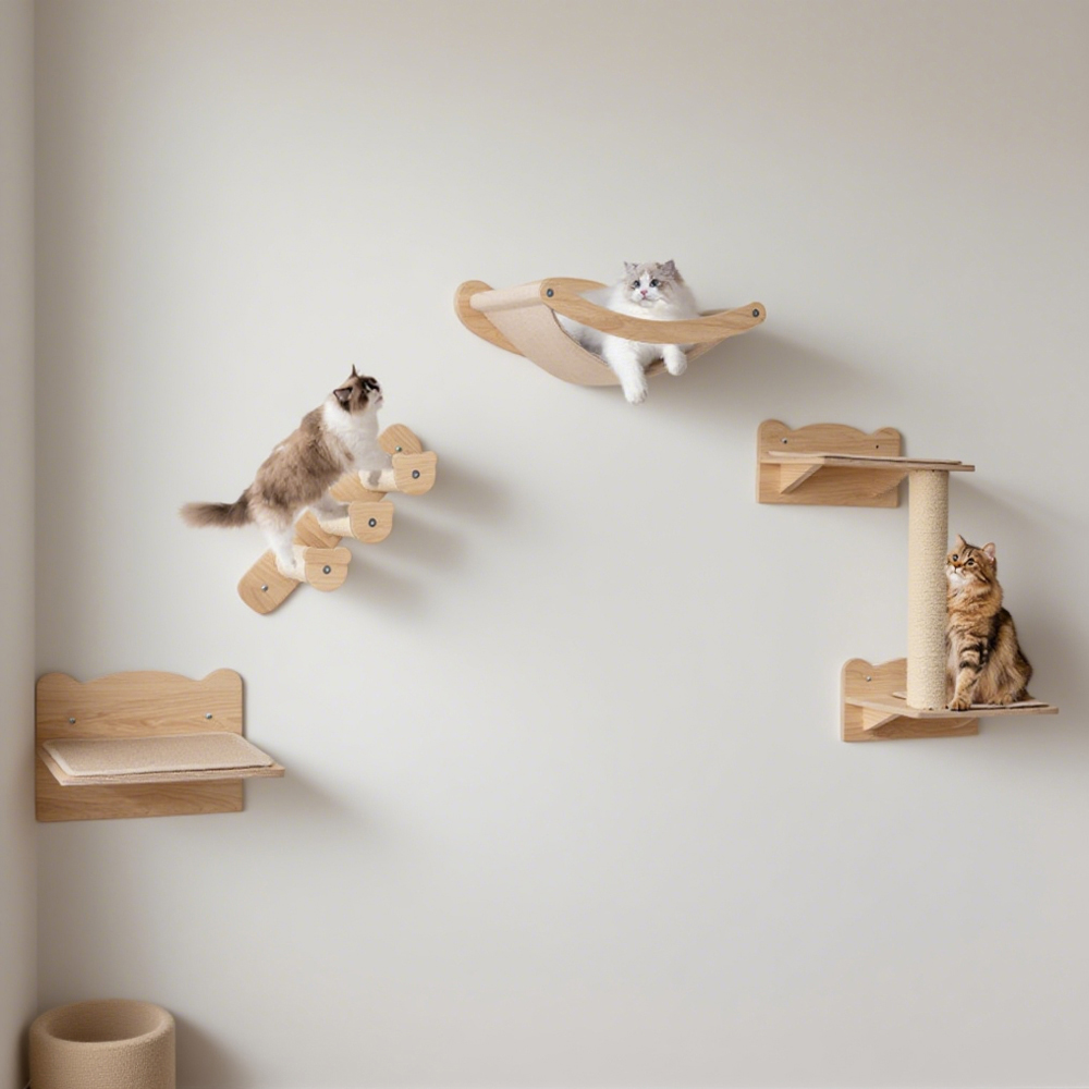 Conjunto de Mobiliario para Gatos en la Pared con Hamaca - 4 Piezas, Árbol de 2 Niveles y Percha — imagen 1