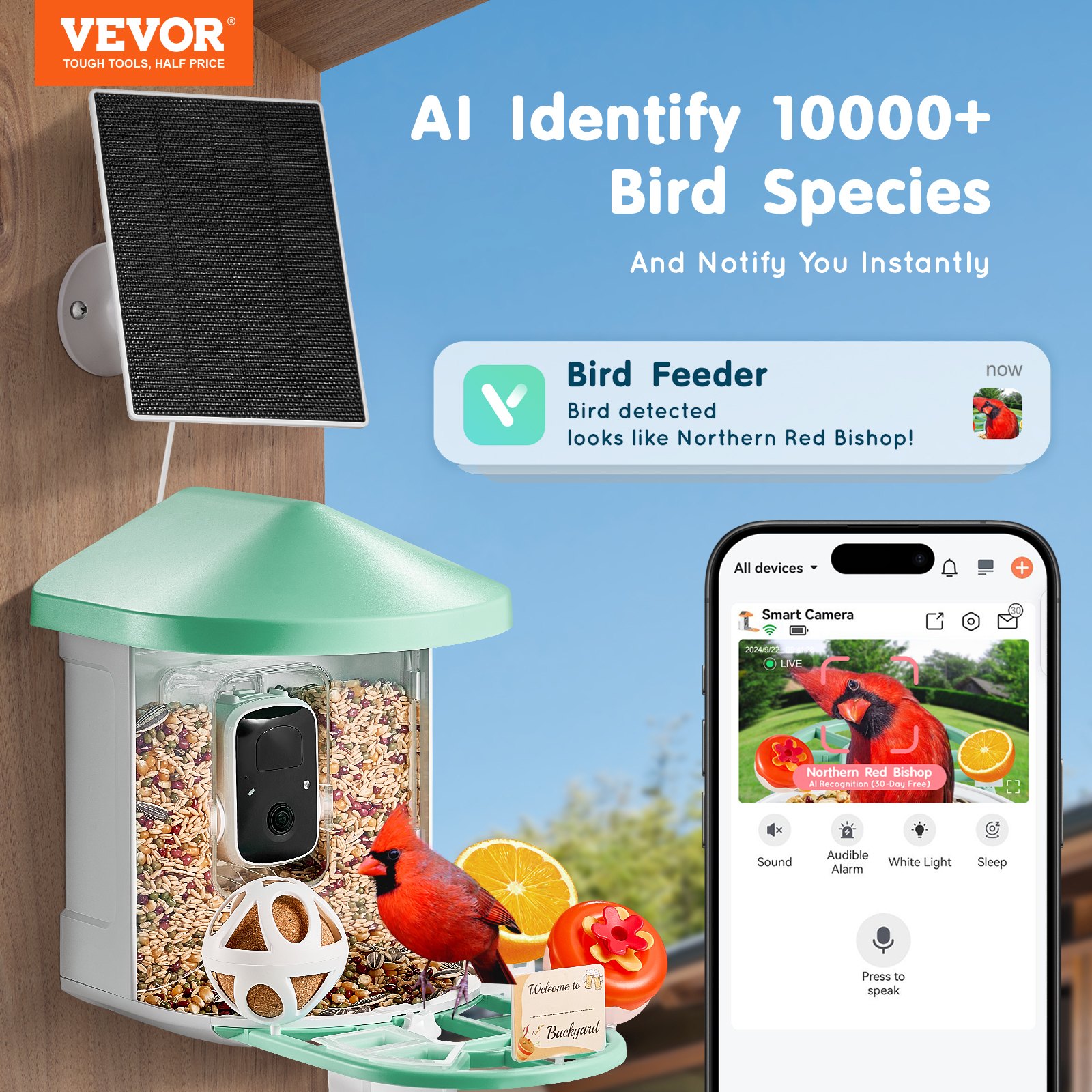 Comedor Inteligente de Pájaros VEVOR con Cámara 2K HD IA Identifica Especies Automático Captura — imagen 1