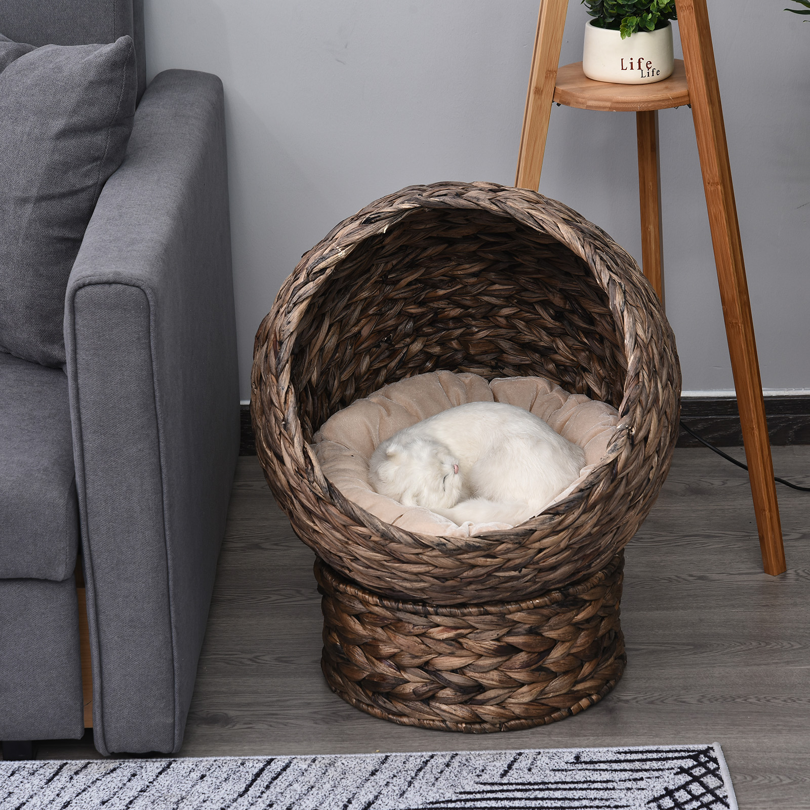 Cama para Gatos tejida a mano con cesta rotativa y almohadilla suave, silla de paja para gatos elevada con base marrón — imagen 5