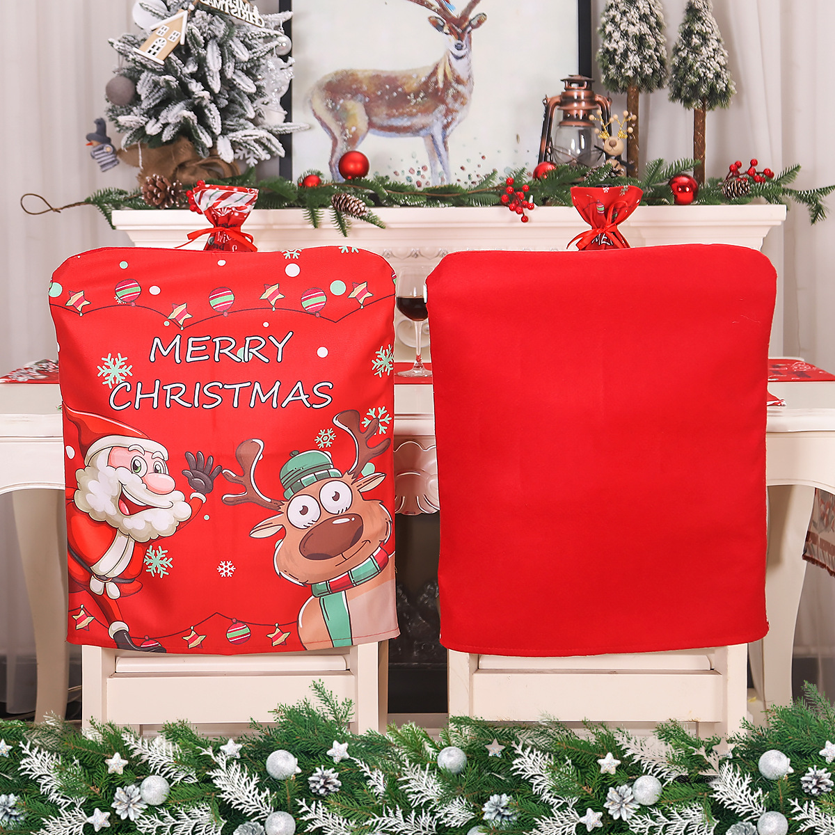 Christmas Home Decoration Cartoon Elderly Elk Printed Chair Cover Red Chair Cover Back Cover — image 2