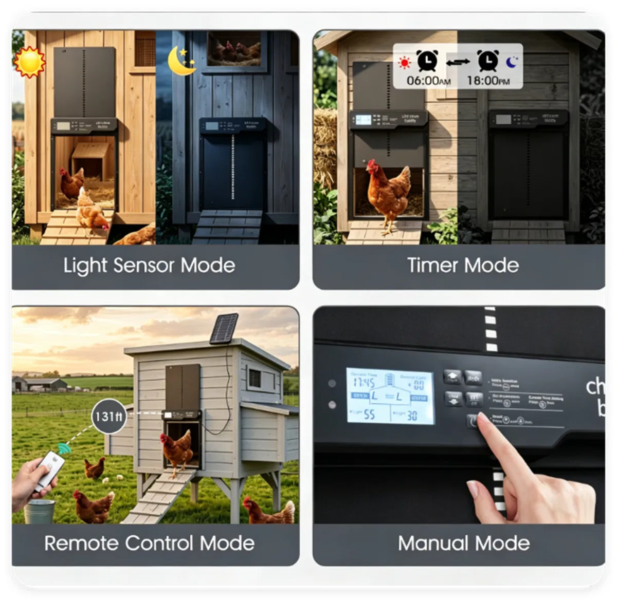 Solar Powered Automatic Chicken Coop Door with 4 Control Modes Light Sensor Timer Remote Manual, Anti-Pinch Weatherproof Aluminum Alloy Poultry Door Opener for Chickens Ducks Pigeons — image 3