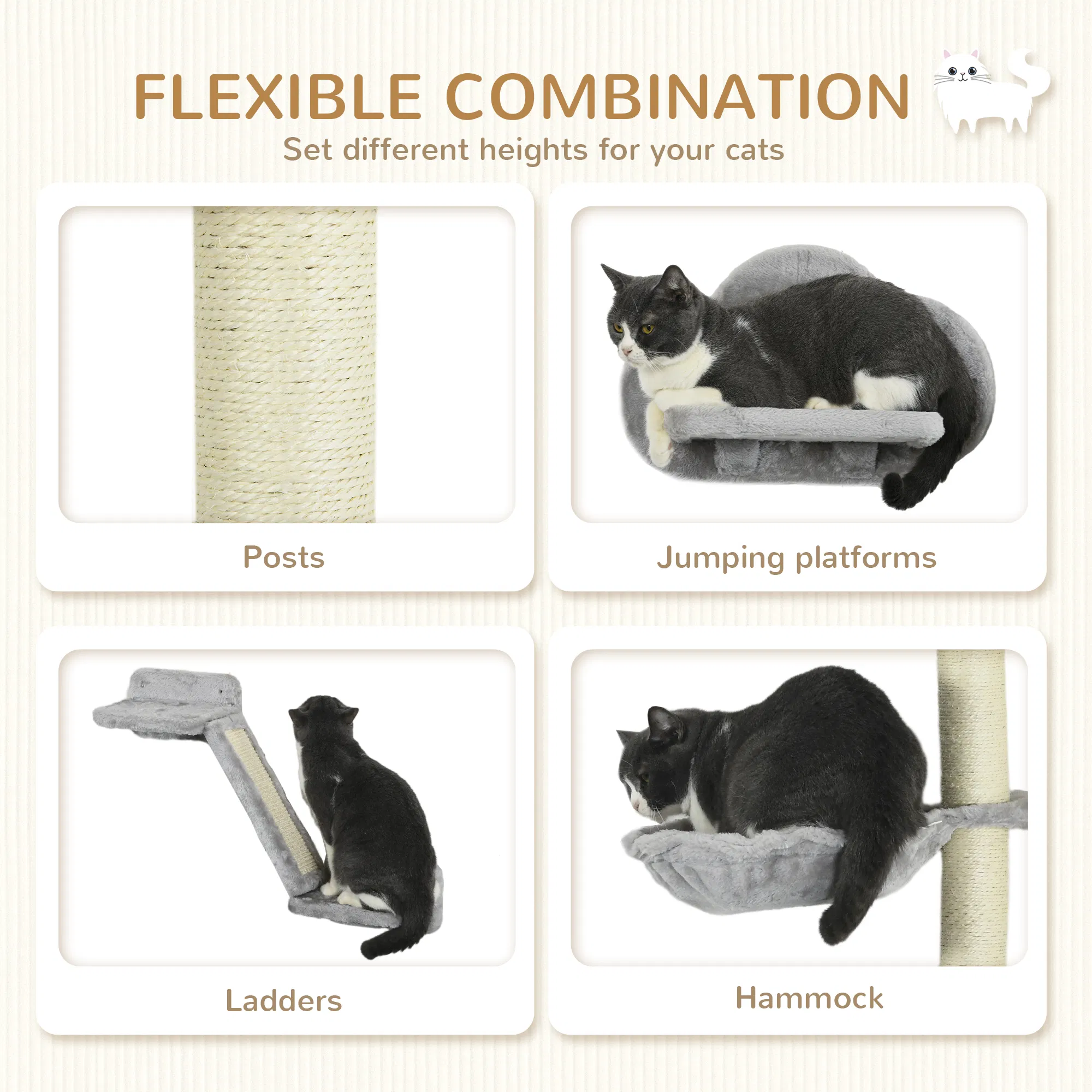 3PCs Cat Shelves with Hammock, Scratching Posts, Platforms, Grey — image 6