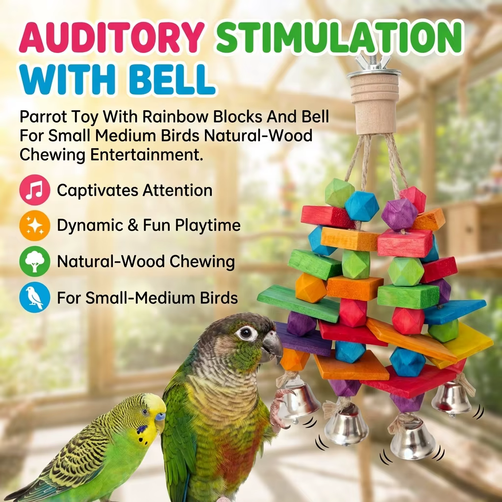 Parrot Toy with Rainbow Blocks and Bell Natural Wood Chew Toy for Small to Medium Birds Interactive Entertainment for Pet Birds — image 5