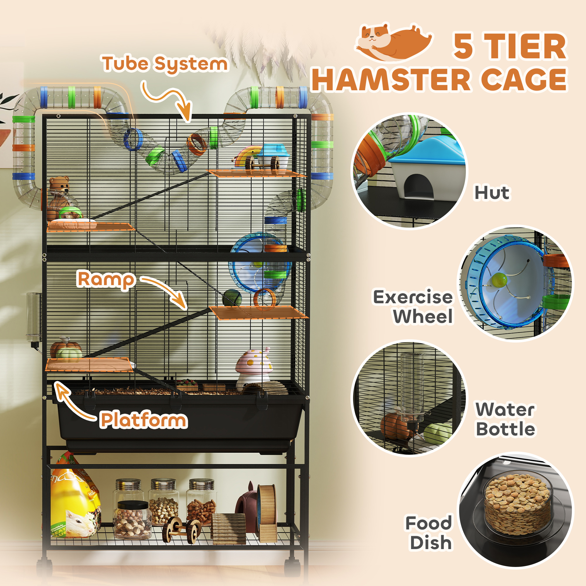 5 Tier Hamster Cage, Rolling Rat Cage with Deep Tray, Storage Shelf, Big Exercise Wheel, Hut, Tube System — imagen 7