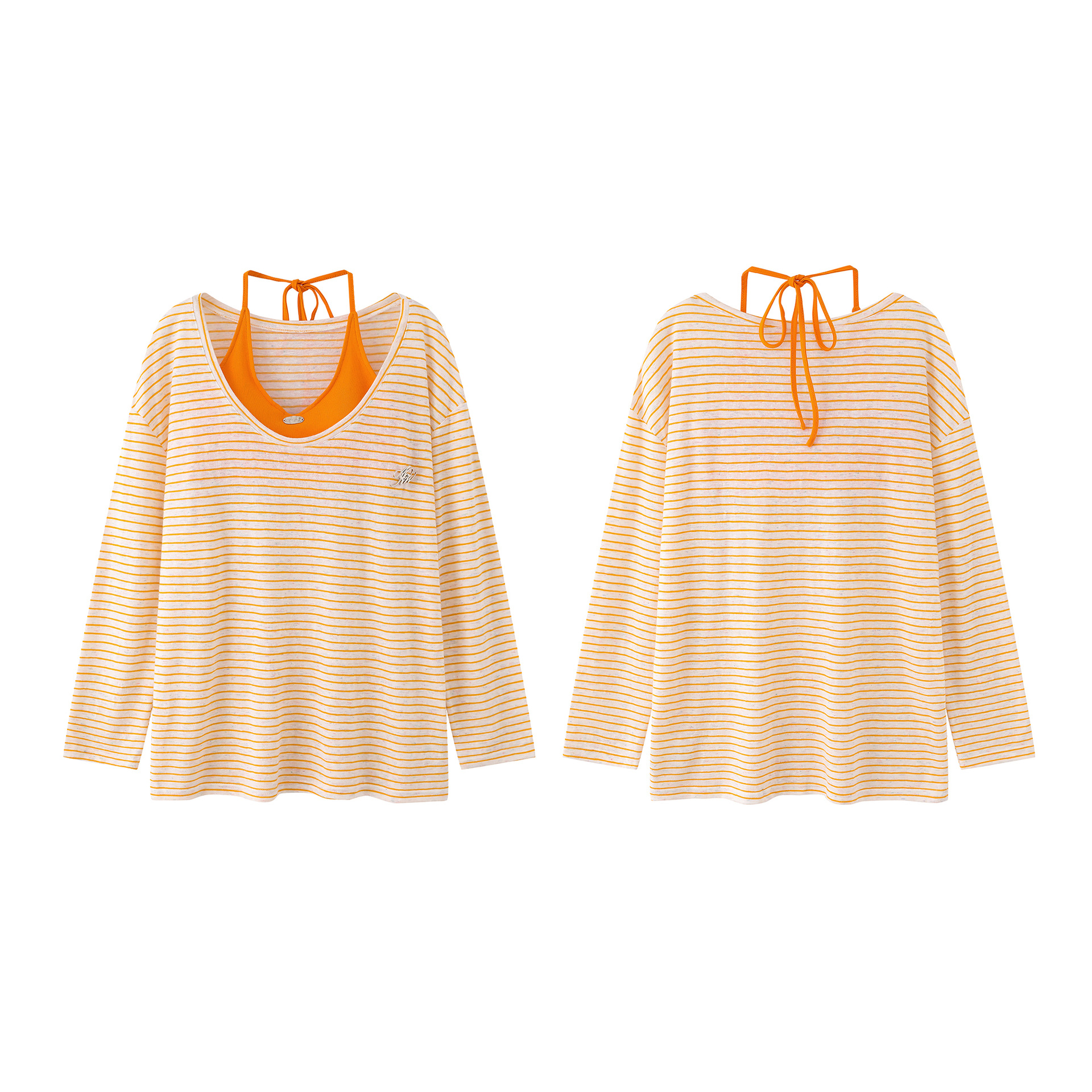 Starfish Print Two-Piece Strap Long Sleeve T-Shirt for Women, Color-Blocking Tie-Waist Slim Fit Cropped Top — image 5