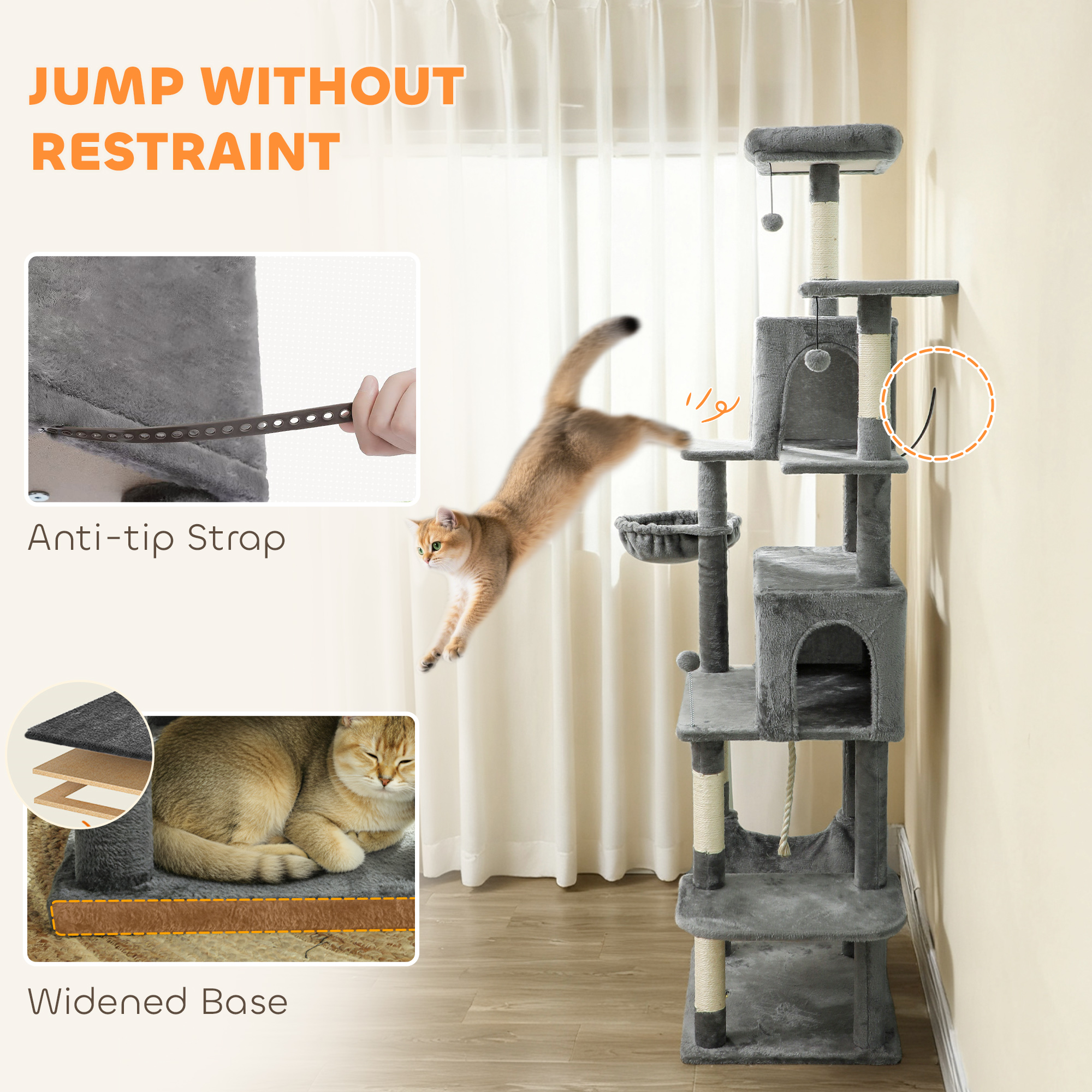 Torre para Gatos de Niveles Múltiples, 80" de Alto, con 2 Condominios, 2 Hamacas y 6 Postes de Escarbar de Sisal en Gris Oscuro — imagen 2